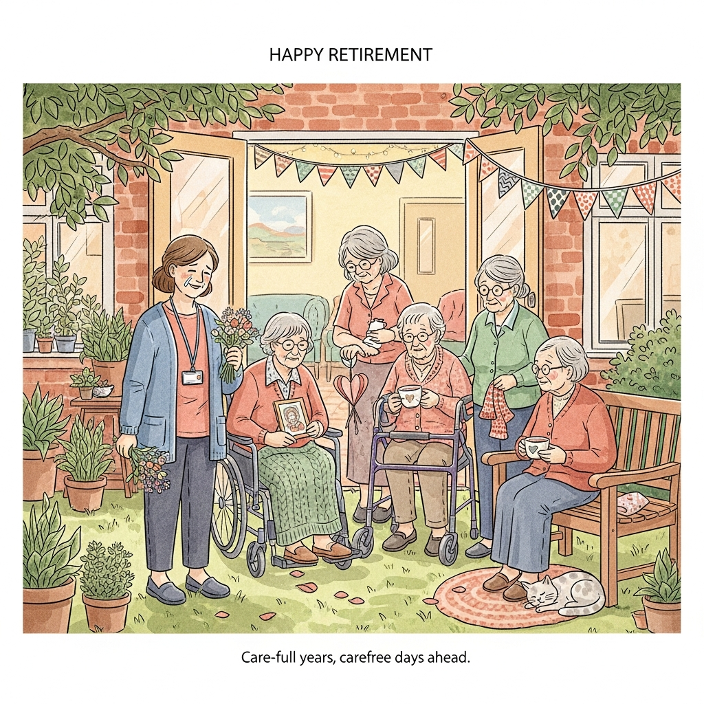 At the top of the Illustration Style image, Happy Retirement

Hand-drawn illustration with fine linework and textured brush strokes; balanced composition and a warm, expressive palette (peach, terracotta, sage, dusty blue, cream). Scene: a sunlit care home garden at golden hour. Center-left stands a retiring care worker with a gentle, teary smile, a lanyard peeking from a soft blue cardigan, holding a small wildflower bouquet. Around her, four older residents she has looked after—one in a wheelchair with a knitted blanket, one with a walker, one seated with a cup of tea, one standing—offer small, handmade tokens (a paper heart garland, a framed photo, a little knitted scarf). Warm, caring gestures: a hand squeeze, a shoulder touch, shared eye contact. Dappled light through leafy branches; potted herbs, a wooden bench, scattered petals, a sleepy cat at their feet. Background: open doors to a cozy common room, patterned bunting (no text), soft fairy lights. Watercolor washes over fine ink lines; visible paper grain; soft edges; sincere, heartwarming mood. Minimal typography: small caption at the bottom in warm hand-lettering, “Care-full years, carefree days ahead.” No other text.
Generated with these themes: Care worker, Old people, Looking after people, , and .
Made with ❤️ by AI.