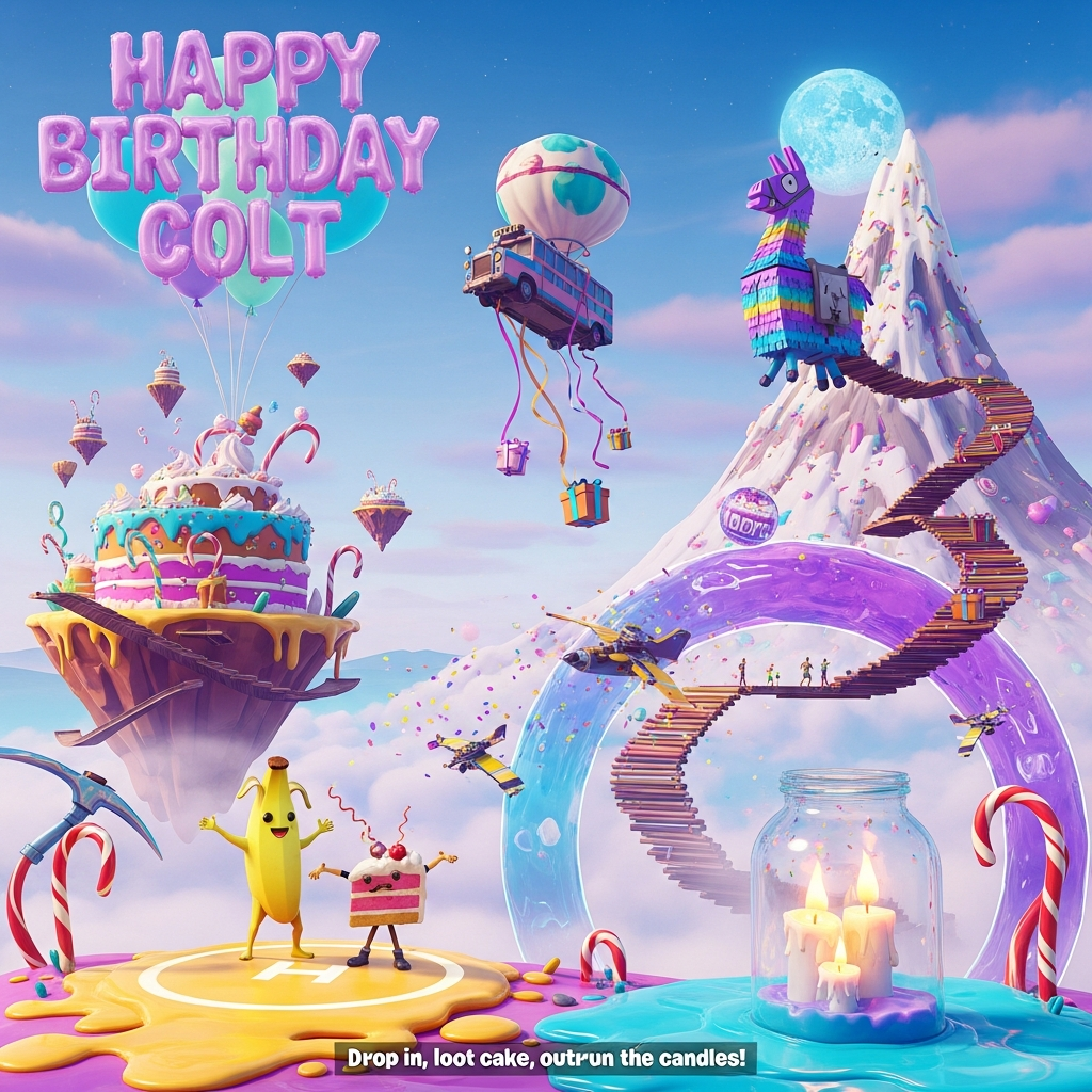 At the top of the Surreal Style image, “Happy Birthday Colt” floats in glossy, iridescent loot-llama balloon letters, softly glowing and slightly melting into the sky.

A Dali-inspired, dreamlike Fortnite world stretches across a candy-colored horizon: floating island-cakes with buttercream cliffs and wafer ramps drift through cotton-candy fog; a giant battle bus balloon sags like warm taffy, trailing ribbon-parachutes that carry gift-box supply drops. A monumental piñata-llama mountain droops with rainbow sprinkles, its tassels dripping like paint. Bendy candy-cane pickaxes sprout from the ground like surreal flowers; stacks of wood, brick, and metal curl into impossible Escher stairways looping into the clouds. The storm circle becomes a translucent violet-jelly halo, casting ethereal light and long, elastic shadows. A boogie-bomb disco moon oozes confetti sparks that turn into tiny gliders surfing frosting swirls. Chug-jug candles glow inside glassy jars, their flames puddling like liquid neon. A banana-headed party totem and a slice-of-cake avatar do a goofy emote atop a melting launch pad, all playful, family-friendly, zero combat.

Palette: neon cyan, magenta, violet, butter-cream gold; soft volumetric light, glossy textures, cinematic wide-angle, high detail, whimsical, funny, otherworldly.

At the bottom in a small, cheeky caption: “Drop in, loot cake, outrun the candles!”
Generated with these themes: Fortnite, and .
Made with ❤️ by AI.