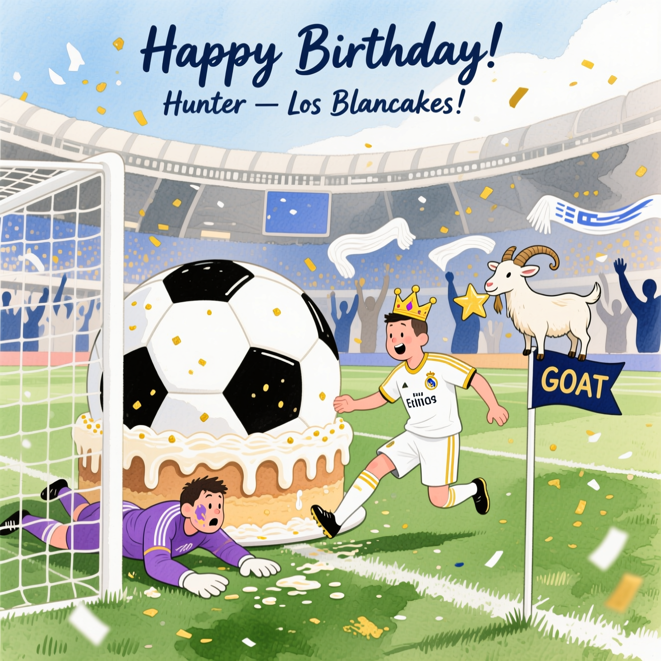 At the top of the Watercolor Style image, Happy Birthday, Hunter — Los Blancakes!

Full-bleed, soft watercolor scene of a jubilant football moment on a lush green pitch: a giant soccer-ball birthday cake (black-and-white panels in icing, frosting dripping, tiny gold sprinkles) is being cheekily toe-poked into a goal by a playful player in an all-white kit with subtle gold accents. The vibe clearly nods to Real Madrid without exact logos: clean white kits, gold trim, and a tiny crown motif hinted on the chest; the distant stadium curves suggest the Bernabéu with loose, airy architectural washes. A bewildered keeper in a purple kit dives and ends up with a smear of frosting on their cheek, while confetti in white, navy, and gold blooms across the air. A tiny crowned goat (the playful “GOAT”) balances on the corner flag nibbling a frosting star, adding to the humor. Fans in the background are abstract, brushy silhouettes waving white scarves, rendered in soft indigo and warm gray washes.

Style and technique:
- Soft, wet-on-wet watercolor washes with delicate gradients; visible pigment blooms and backruns
- Natural cold-pressed paper texture showing through, gentle granulation on the sky and stands
- Sap-green pitch with dry-brush highlights for grass; subtle paint splatter for celebratory energy
- Palette: creamy whites, cool grays, ultramarine sky, sap green, gold accents, hints of royal purple
- Loose edges, no hard outlines; playful, expressive figures with minimal facial detail
- Bright, airy daylight; composition dominated by the humorous cake-goal moment

Text treatment:
- The single line of text sits small at the top, hand-lettered brush script in indigo with a soft gold shadow; clean space behind it (pale sky wash) for readability; no other text anywhere.
Generated with these themes: Real Madrid football team, and .
Made with ❤️ by AI.