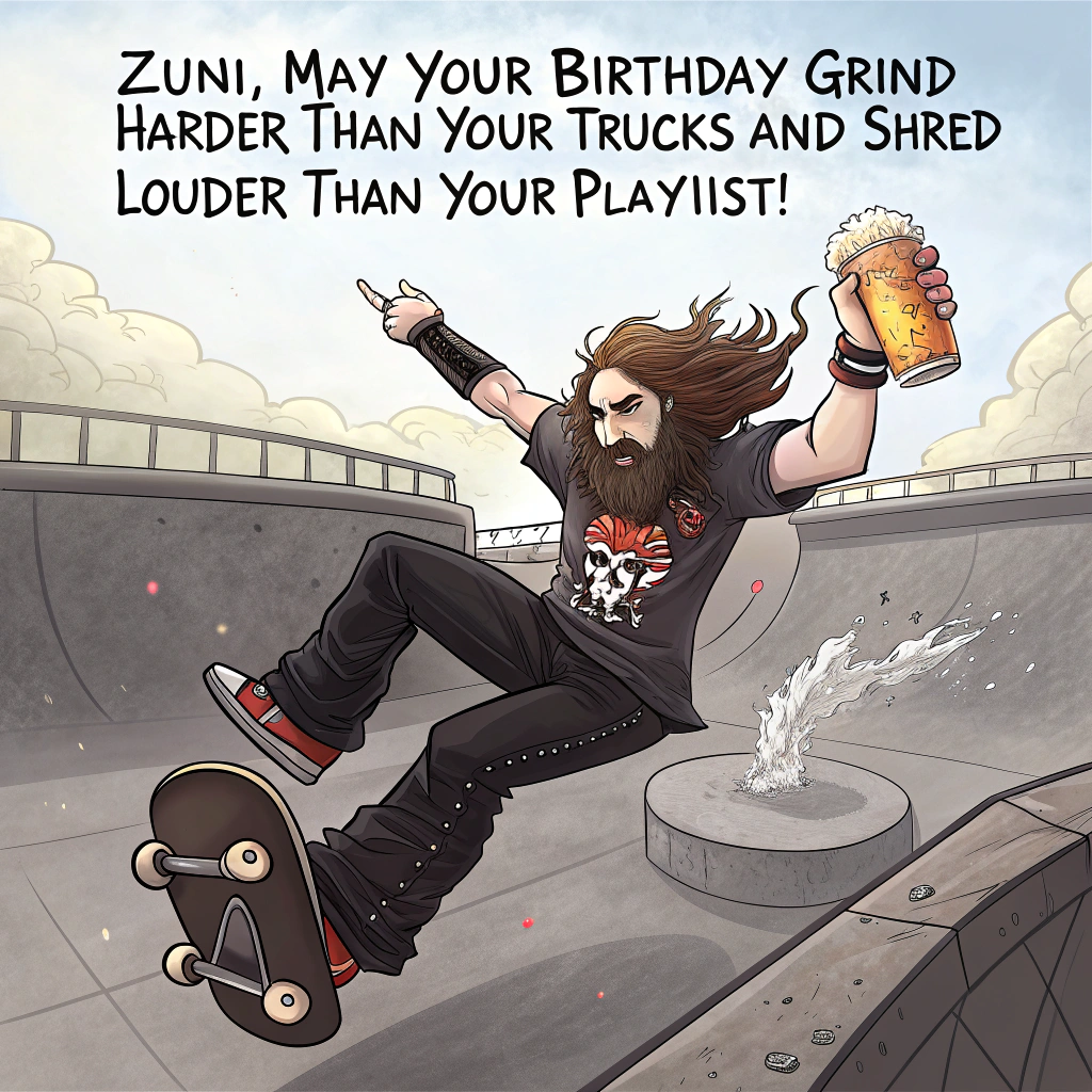 At the top of the image, "ZUNI, may your birthday grind harder than your trucks and shred louder than your playlist!"

– The image is a realistic photograph of a bearded, long-haired dude mid-air on a skateboard in a concrete skatepark. He’s wearing black leather pants, a torn band tee with a flaming skull, and spiked wristbands. In one hand, he’s throwing devil horns; in the other, he’s somehow perfectly balancing an open can of beer with foam flying mid-splash.

– Around the park, graffiti murals feature parody heavy metal band names like “MetalLAGER” and “Skate the Slayer.”

– There’s a cheering crowd of other rock-loving skaters holding up lighters and cans of beer like it’s both a mosh pit and a birthday party.

– In the background, a banner flaps between two palm trees: “Happy Birthday, ZUNI! Shred, Sip, Repeat!”

– Optional additions: Flying birthday balloons shaped like guitar picks, a skate deck cake propped up on a nearby ledge.
Generated with these themes: Heavy Metal Rock, Skateboarding, and Beer.
Made with ❤️ by AI.