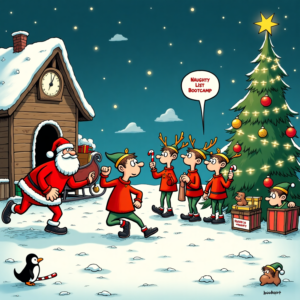 In this whimsical cartoon Christmas scene, set in a snowy North Pole landscape, the humor unfolds with a touch of slapstick reminiscent of Bill Watterson and Charles Schulz's playful style. The scene depicts a bustling workshop filled with elves, each one sporting exaggerated expressions and quirky outfits inspired by classic Disney animations. They're busy crafting toys with hammers, saws, and glittery ribbons, while a giant cuckoo clock in the background strikes midnight, signaling Christmas Eve.

Front and center, we see Santa Claus, styled with a nod to Hergé's Tintin precision, in mid-motion, having just delivered a good-natured kick to the posterior of a clumsy yet lovable human character. This character, with an endearing resemblance to R. Crumb's comical figures, is wearing an oversized red sweater, comically elongated pants, and mismatched socks. He's propelled forward, arms flailing, in a cartoonish arch that suggests a gentle, playful nudge rather than anything malicious.

Around them, a sleigh loaded with gifts is parked, with reindeer peeking curiously over their harnesses, displaying wide-eyed innocence inspired by Winsor McCay’s dreamlike characters. A mischievous elf, resembling something out of Gary Larson's imagination, peeks from behind a toy drum, holding a sign that reads, "Santa's Naughty List Bootcamp." Meanwhile, a tall, sparkly Christmas tree, decorated with vibrant baubles and flickering fairy lights, towers in the background, casting soft shadows in the moonlit snow. 

The sky above is a tapestry of stars, twinkling with a hint of Tezuka's whimsical touch, and scattered clouds form shapes that subtly resemble comic speech bubbles, as if ready to convey the laughter ringing through the air. In the bottom corner, a small, playful animal—perhaps a curious penguin or a cheeky squirrel—holds up a candy cane, adding a final touch of holiday charm and mischief.
Generated with these themes: A person kicked in the ass by Santa Claus.
Made with ❤️ by AI.