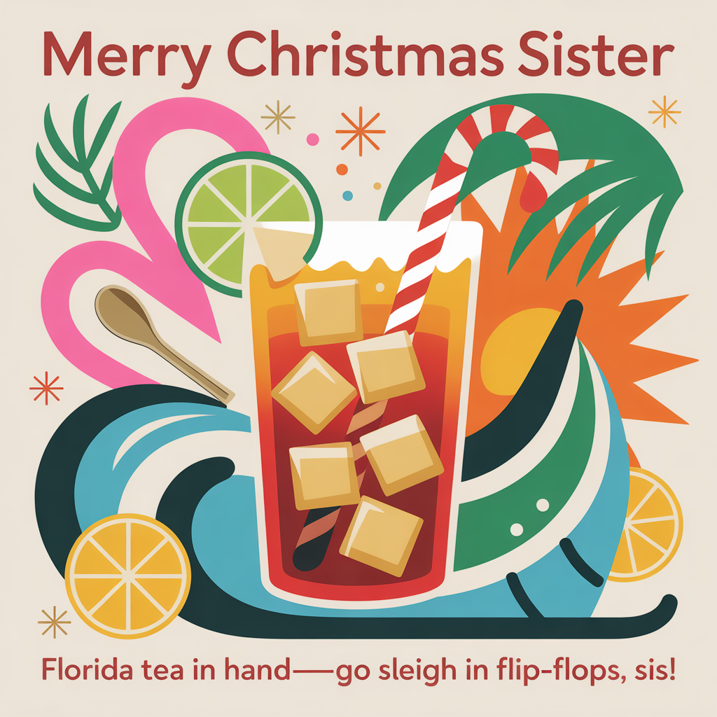 At the top of the Abstract Style image, "Merry Christmas Sister"
At the bottom of the image, "Florida tea in hand—go sleigh in flip-flops, sis!"

Portrait, text-first composition in bold abstract style: dynamic geometric shapes and fluid curves, high-contrast colors, energetic brush-stroke textures. Central focus: a large, stylized iced Florida tea glass built from overlapping translucent amber polygons with chunky square “ice cubes,” a red-and-white candy-cane straw, and a lime wedge halo that doubles as a spoked snowflake. Surround with hot-pink flamingo arcs, emerald palm-frond swishes, citrus-slice circles hung like ornaments, teal wave curves, and neon orange sunburst rays.

Weave candy-cane diagonal stripes through the forms; scatter crisp white snow-confetti and tiny gold stars. Hint a sleigh silhouette abstractly using a curved palm-trunk sweep and a metallic spoon shape near the base.

Color palette: deep indigo/navy base, electric teal, hot pink, citrus orange, lime green, sunshine yellow, crisp white, and metallic gold speckles. Use thick brush streaks, paint splashes, and light grain for texture.

Ensure the top headline sits on a clean dark arc/banner for contrast; the punchline sits on a bold hot-pink brush-stroke band. Typography: playful, bold sans-serif with slight outline/drop shadow so both lines pop against the vibrant abstract background.
Generated with these themes: Florida tea , and .
Made with ❤️ by AI.