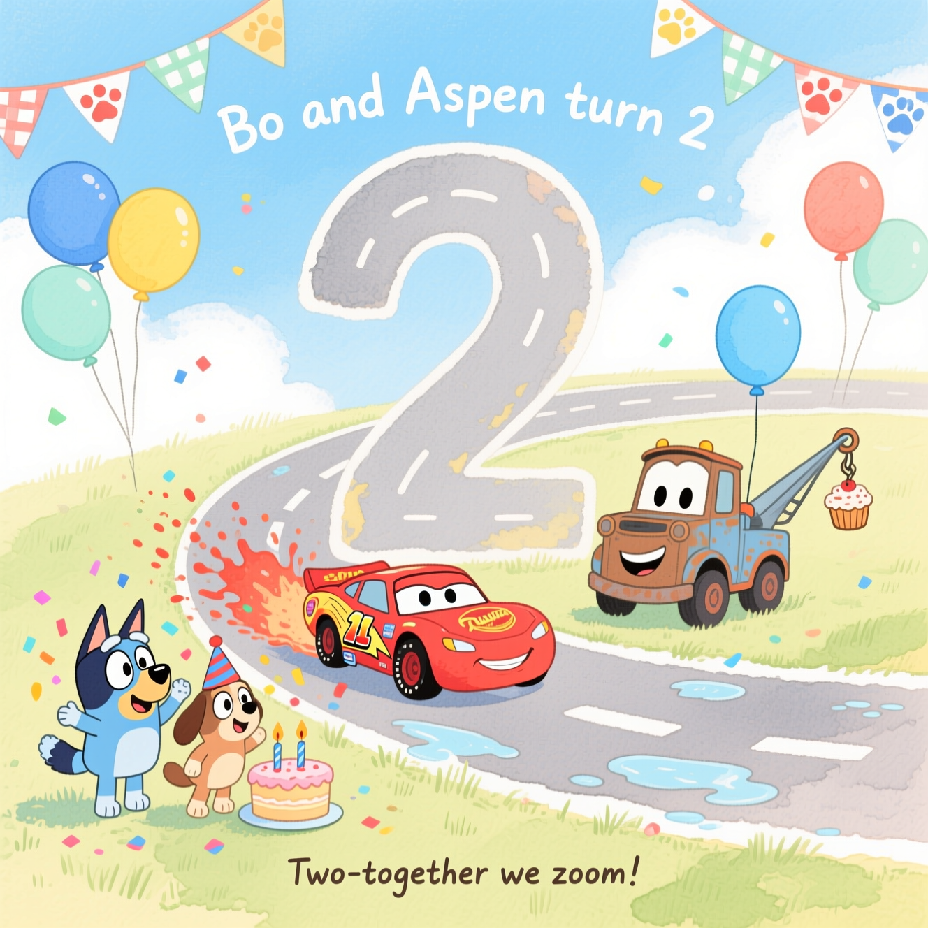 Bluey, Bingo, Lightening McQueen, Mater, and Birthday Card