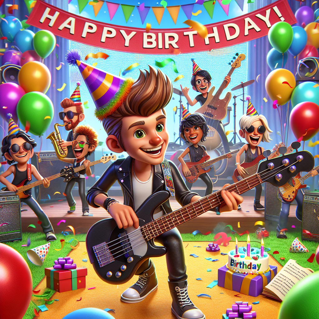 A vibrant cartoon-style birthday scene, filled with festive balloons and confetti is in full swing. At the center, a band of animated, anonymous musicians, not unlike the dynamic energy of the rock genre, are rocking out. In the forefront, a character with a charming smile is playing a prominently featured bass guitar, adorned with birthday wishes and colorful party hats. The focus on the bass guitar, playing birthday tunes, adds to the celebratory mood.
Generated with these themes: Greta van fleet , and Bass guitar .
Made with ❤️ by AI.