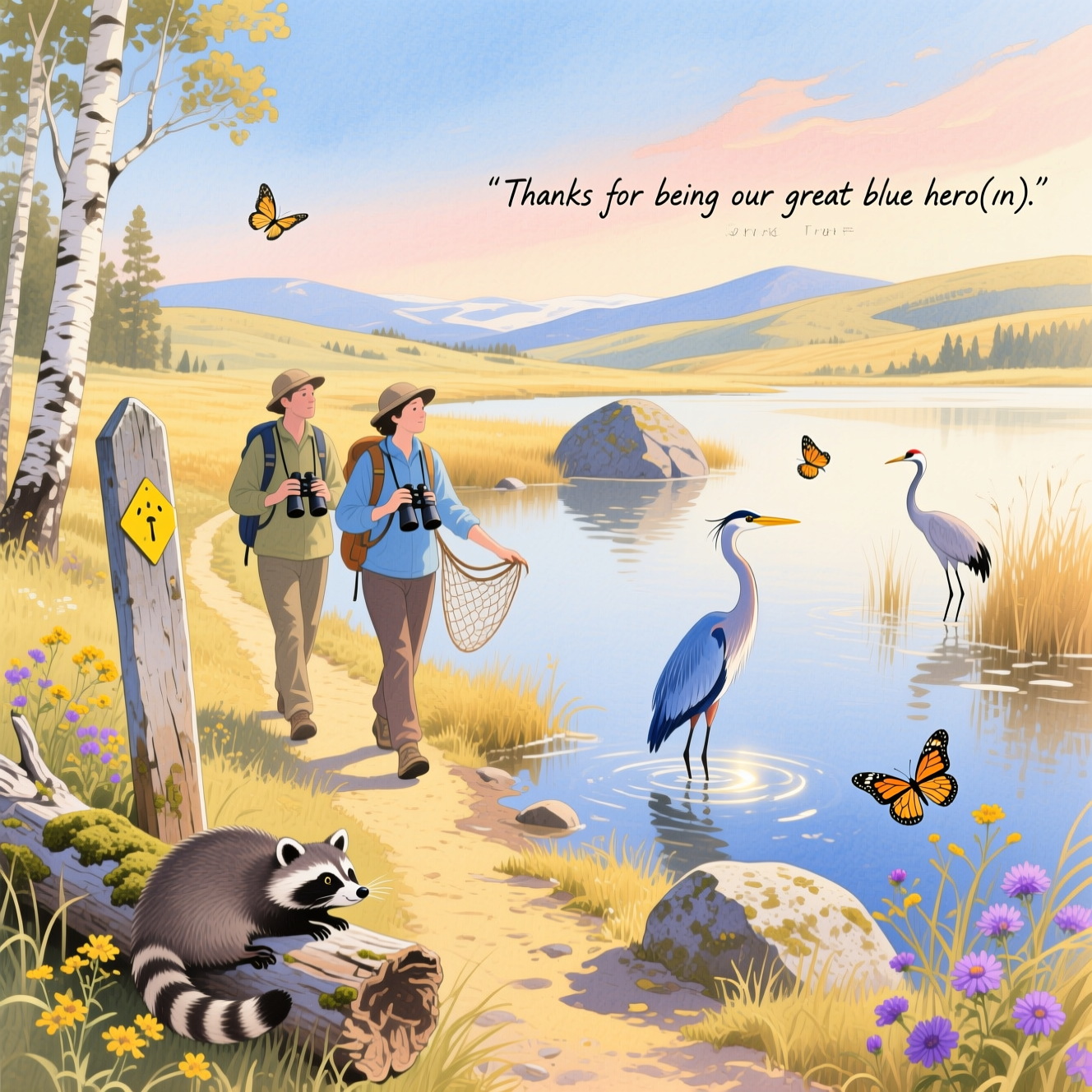 Hiking the Ice Age National Scenic Trail, two people carrying binoculars and a net to rescue a large bird, sandhill cranes, a blue heron, monarch butterflies, opossum, raccoon, and Thank-you Card