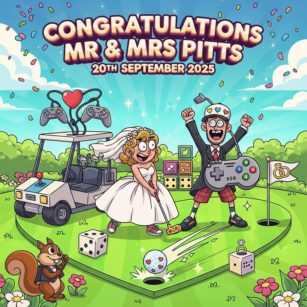 At the top of the Cartoon Style image, add the text "Congratulations Mr & Mrs Pitts  20th September 2025" in bold, playful bubble lettering with thick black outlines and a gold-to-pink confetti gradient, slightly arched across the sky.

A big, funny, image-first scene in vibrant cartoon style:
- Style: Playful, chunky, exaggerated proportions, thick outlines, bright saturated colors, energetic poses; clean 2D vector feel with soft gradients and sparkly highlights.
- Scene: A whimsical mini-golf “love course” shaped like a giant heart. Lush lime-green fairway with candy-bright flowers, pixel-heart confetti, and a turquoise sky bursting with celebratory sparkles.
- Wedding-meets-gaming details: A golf cart styled like a retro arcade cabinet (no logos), joystick as the gear lever, and two game controller cables forming a heart above the seats. Obstacles made from oversized dice, dominoes, and colorful blocky shapes like a playful level map. A flag near the cup topped with two interlocked gold rings icon (no words).
- Characters (center stage): 
  - Bride in a bouncy, flowing gown with comfy sneakers, veil fluttering wildly. She’s mid-putt with a shiny gold putter shaped like a Cupid’s arrow, giant grin, big expressive eyes.
  - Groom in tux jacket with tartan golf trousers, jaunty cap with tiny pixel hearts. He’s playfully “caddying” a comically oversized game controller like a golf club, striking a triumphant, goofy pose.
- Action: A pearly golf ball with tiny heart pixels is arcing toward the heart-shaped hole, trailing a glittering motion path and comic swoosh lines. A tiny ring box sits in the cup as a visual gag.
- Extras: A mischievous squirrel caddy in a bow tie hugging a bag stuffed with tees, flowers, and colorful game pieces; confetti bursts and celebratory sparkles overhead.
- Lighting and palette: Sunny, high-contrast cartoon lighting; punchy greens, sky blues, candy pinks, warm golds; thick inky outlines.

Add a small, cheeky caption at the bottom: “Press Start to FORE-ever” in a smaller playful ribbon, bold white letters with a teal drop shadow.
Generated with these themes: Golf,games, and .
Made with ❤️ by AI.