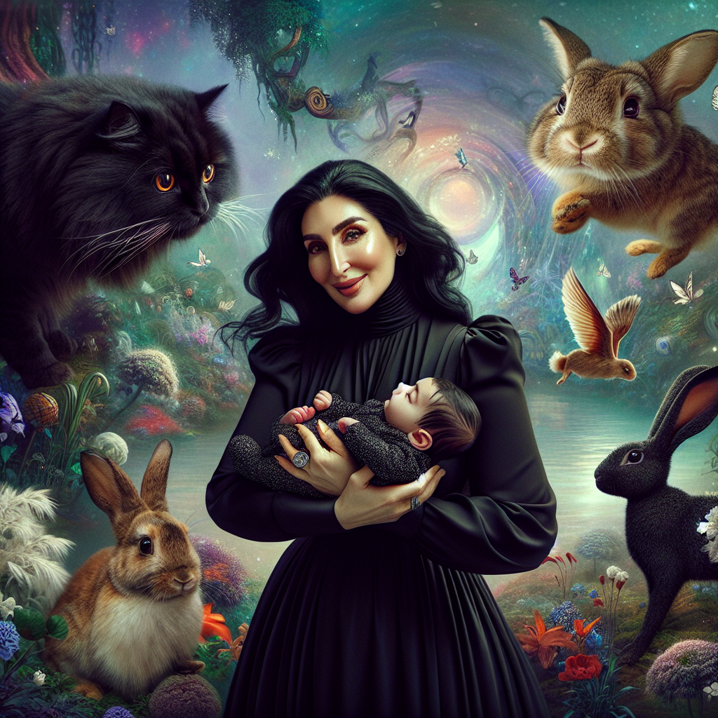 Large breasted woman with long black hair dressed in black holding a baby, Old black cat, Black bunny, Brown and white bunny, and Mystical realm Birthday Card