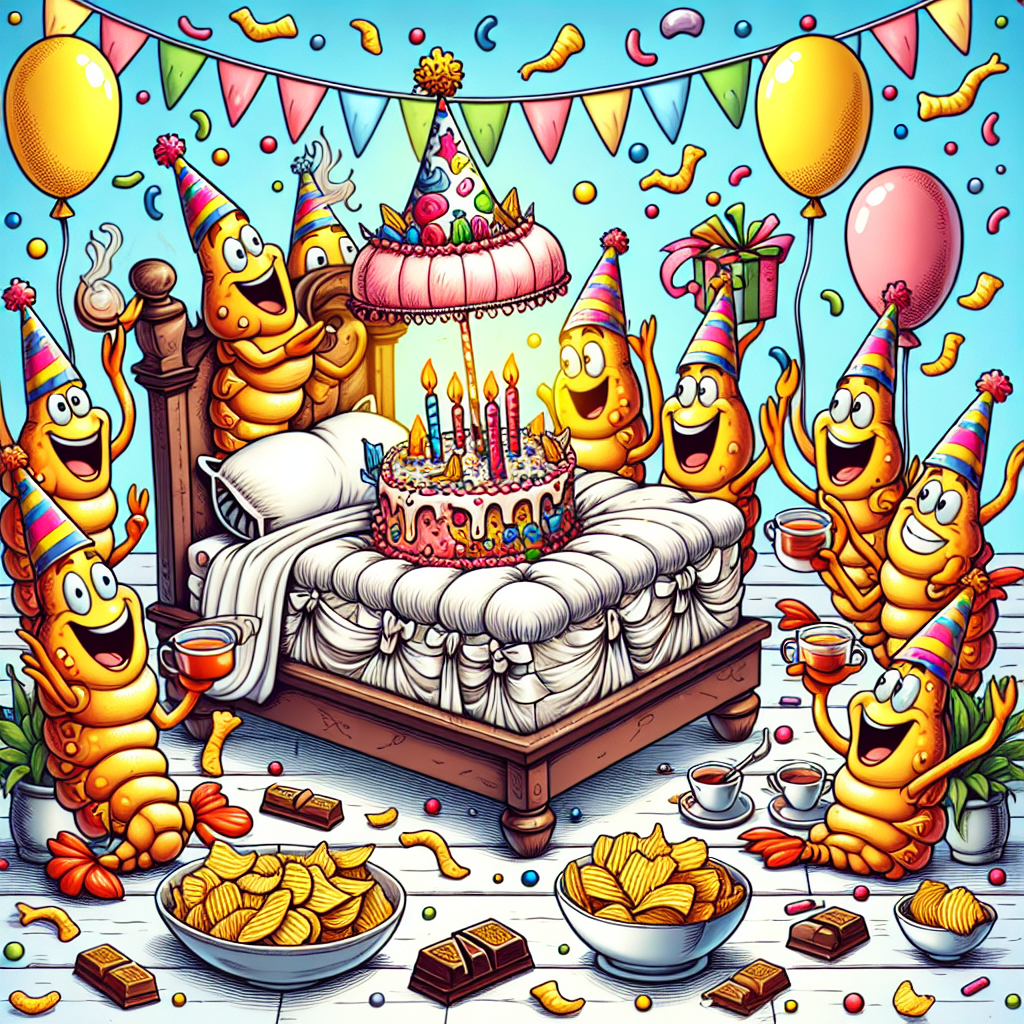 Create an image depicting a vibrant birthday scene filled with playful cartoon elements and brimming with laughter. At the heart of the scene, there's a whimsical cake designed like a bed, draped in icing that resembles 'sheets', serving as the delicious centerpiece. Surrounding it, imagine a group of cartoon prawns wearing party hats, who generously offer steaming cups of tea to the party guests. Balloons float above, adding to this cartoonish ambiance, while bowls of crisps and a cascade of chocolate bars are strewn around, contributing to the atmosphere of joyous celebration, befitting of an imaginative birthday bash.
Generated with these themes: Bed prawns tea crisps chocolate .
Made with ❤️ by AI.