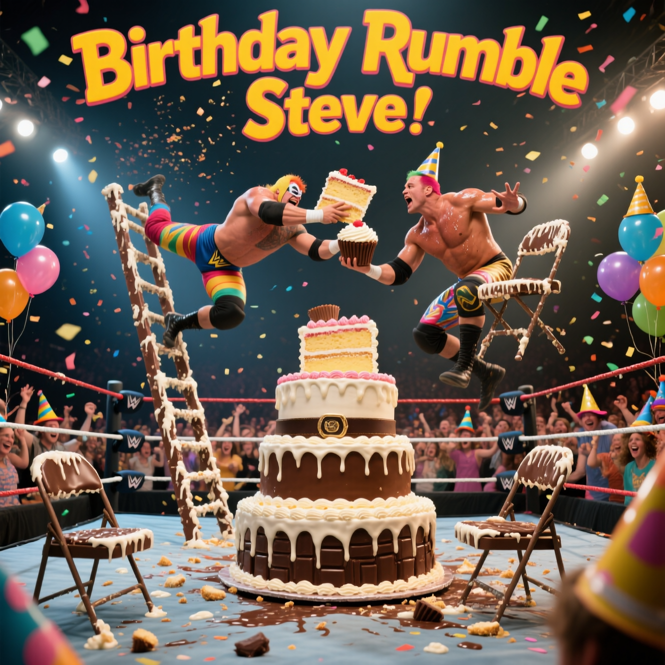 At the top of the Photorealistic picture taken from a camera image, add the text in bold chunky wrestling-style letters: **Birthday Rumble Steve**.  

A chaotic and hilarious ultra-high-definition 4K UHD photograph of a wrestling ring in the middle of a birthday party, with frosting-covered ladders, folding chairs made entirely out of chocolate, and a giant multi-tier cake in the center doubling as the “championship belt.” Two wrestlers in over-the-top costumes are mid-air — one diving from the top of a cake ladder with a huge slice of cake in hand, the other fending him off with a cupcake-topped chair. The crowd around the ring is made up of cheering party guests in silly hats, confetti flying everywhere, balloons tangled in the ropes, and icing splattered across the mat. Perfect realistic lighting with crisp details — you can see crumbs in the air, sweat, and shiny icing glistening under spotlights. Rich depth of field with the action in sharp focus and the background slightly blurred for drama.  

Would you like me to also come up with **funny alternative captions** you could use alongside "Birthday Rumble Steve"?
Generated with these themes: Wrestling cake ladders chairs, and .
Made with ❤️ by AI.