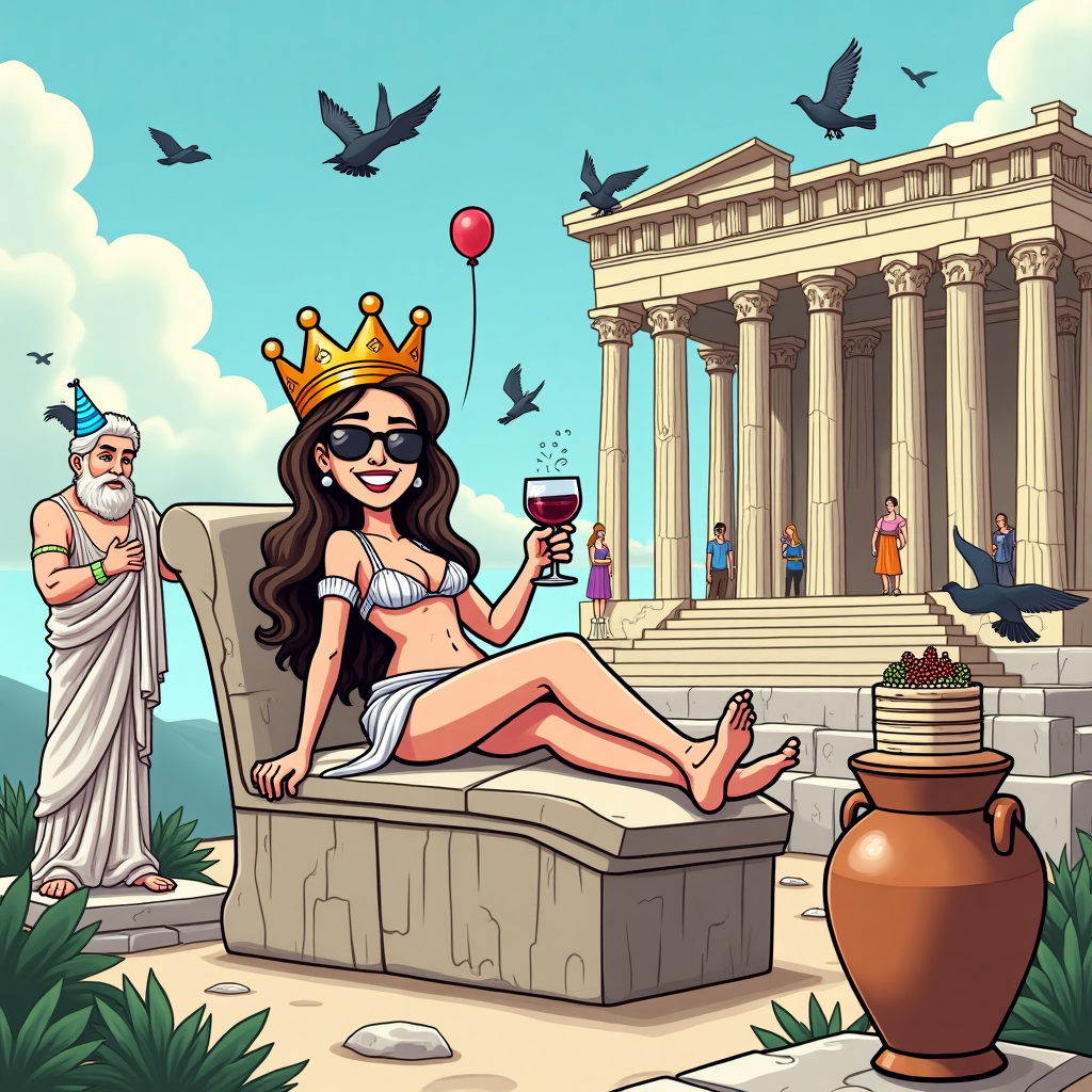 At the top of the illustration image, “HOPPY BIRTHDAY, ALEXANDRA – Let the Dionysian decisions begin!”

**Prompt:**  
A hilarious birthday illustration set atop the ancient Acropolis in Athens, with crumbling Greek columns, toga-wearing pigeons, and a party in full swing. Front and center is a slightly tipsy, grinning Alexandra (cartoon-style) in a golden laurel crown and sunglasses, lounging on a broken column like it’s a chaise lounge. She’s holding up a sloshing goblet of Greek wine, and there’s a birthday cake precariously balanced on an ancient amphora beside her. Around her, mythical Greek philosophers in party hats (Socrates, Plato) are debating the meaning of cake while holding balloons and disco lights dangle from statues. The mood is fun, irreverent, and classically chaotic.
Generated with these themes: At the acropolis in Athens with a greek wine.
Made with ❤️ by AI.