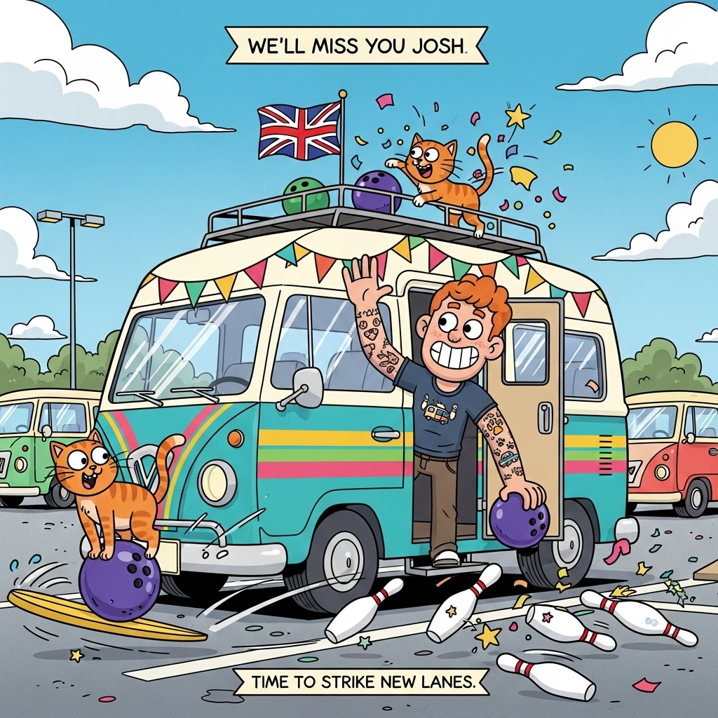 Ginger haired guy with tatoos. Two ginger cats. The Union Jack Flag. Bowling. Campervans. , and Farewell Card