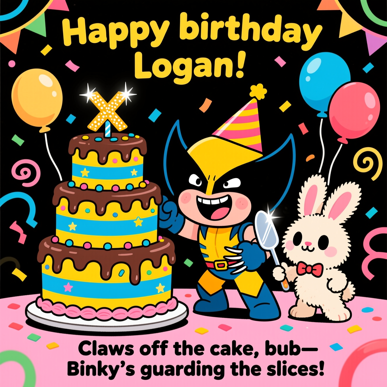 At the top of the Cartoon Style image, "Happy birthday Logan"

At the bottom of the image, "Claws off the cake, bub—Binky’s guarding the slices!"

In the center, depict a super-cute chibi Wolverine bursting into frame with a huge grin, oversized head, tiny body, and a bright party hat. He reaches eagerly toward a towering three-tier birthday cake decorated in bold yellow-and-blue stripes with chocolate drip, star sprinkles, and a sparkling X-shaped topper. Beside the cake stands Binky—a big-eyed, plush bunny sidekick with a tiny bow tie—striking a heroic pose while gently blocking Wolverine with a shiny cake server like a tiny guardian of goodies. Add floating balloons, confetti swirls, and streamers for extra birthday energy. Use thick black outlines, bright saturated colors, and whimsical, energetic poses in a playful cartoon style.
Generated with these themes: Wolverine , Binky, Cake, and .
Made with ❤️ by AI.