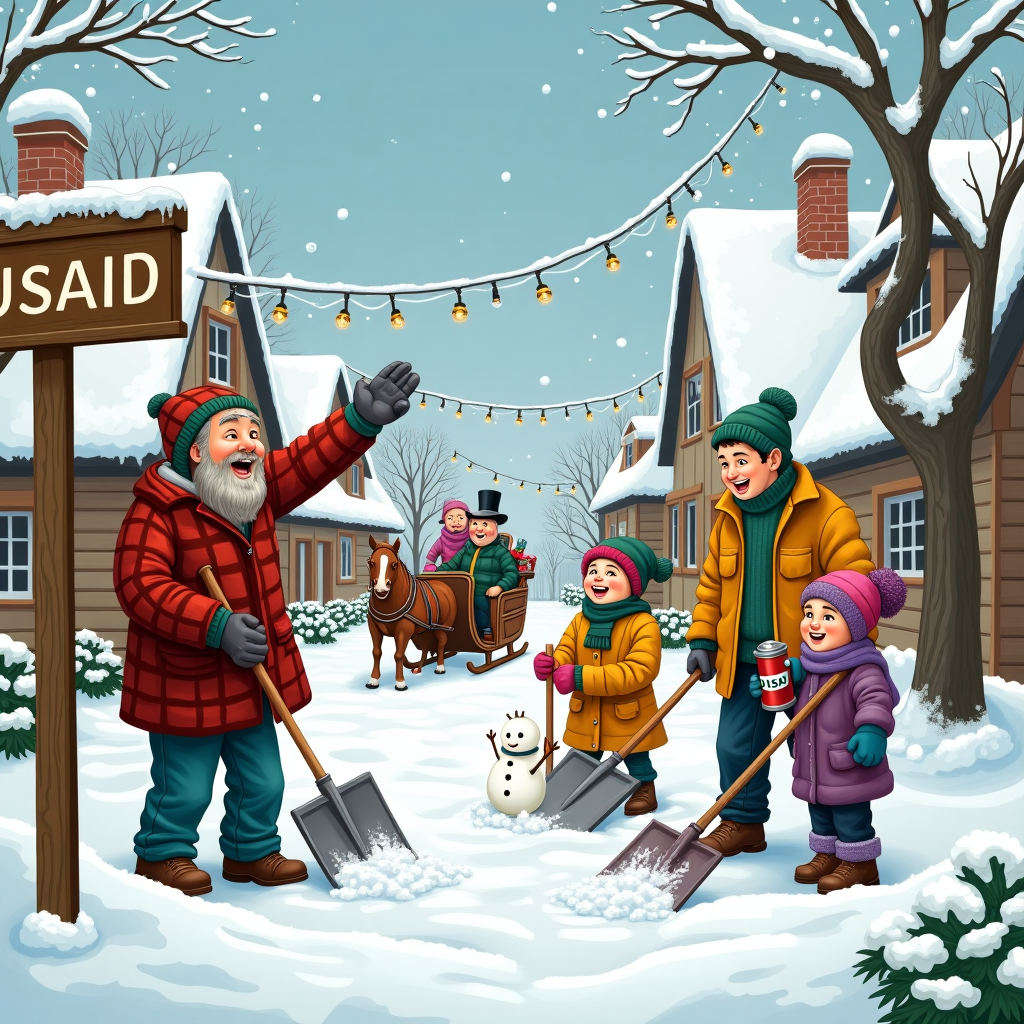 USAID covered in snow with people helping each other shovel to clear a path Christmas Card