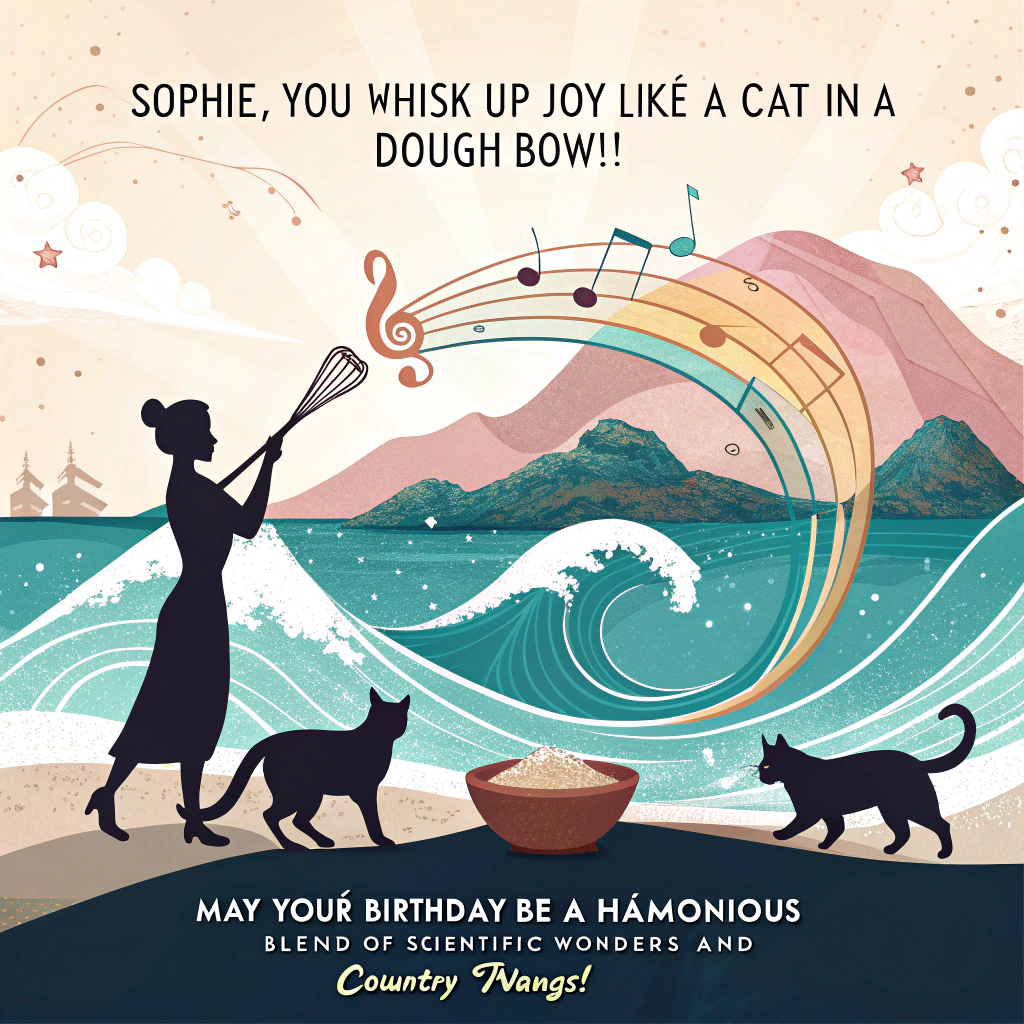 At the top of the image, "Sophie, you whisk up joy like a cat in a dough bowl!"

At the bottom of the image, "May your birthday be a harmonious blend of scientific wonders and country twangs!" 

- In the center of the image, create an abstract composition where geometric waves meet a silhouette of Greece's coastline, with cats playfully running along the shores. Add dynamic, sweeping curves symbolizing music notes and baking whisks dancing through the ocean breeze. Use high-contrast colors to reflect the vibrancy of Sophie's passions for oceanography, baking, and country music.
Generated with these themes: Greece, cats, sea, running, oceanographer, Cats, baking, ocean, scientist, america, country music, and .
Made with ❤️ by AI.