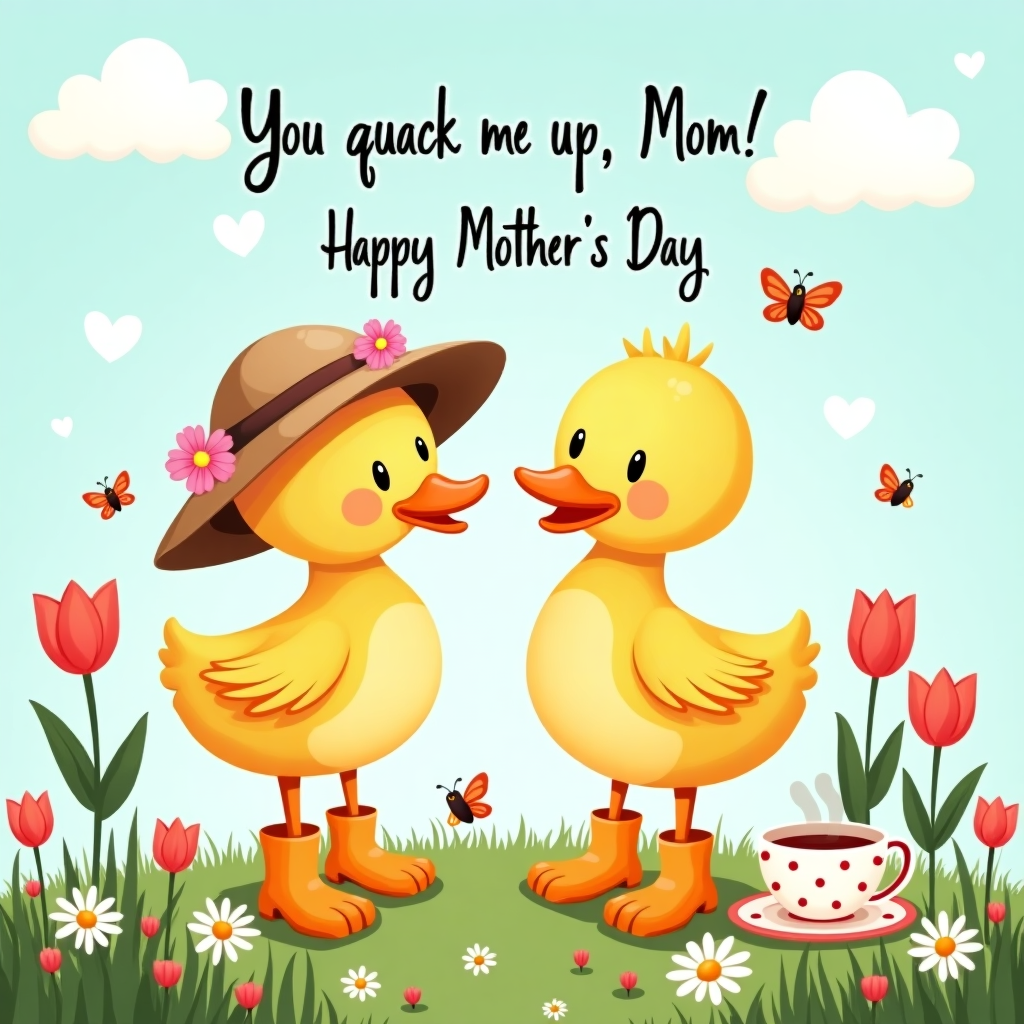 A wooden duck with boots, and A wooden duck with a hat Mothers-day Card
