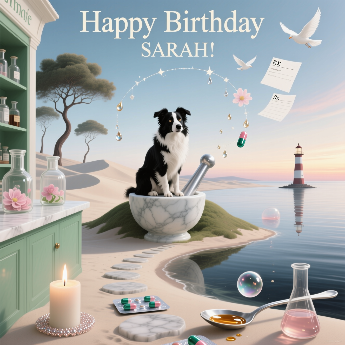 Pharmacy , Black and White collie dog called Rosie, and Birthday Card