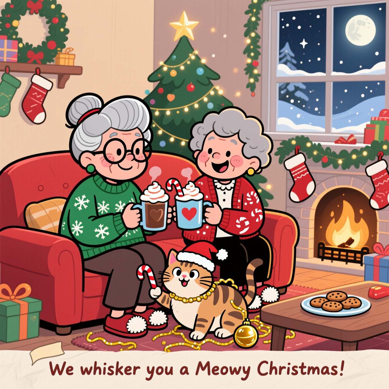 Prompt:
Cute Christmas cartoon scene in a cozy living room, playful and heartwarming. Playful cartoon characters with exaggerated proportions (big heads, tiny feet), thick black outlines, bright saturated colors, whimsical, energetic poses. Two old women smiling on a plump red sofa, leaning together as they clink oversized cocoa mugs piled with whipped cream and candy canes; one with a silver beehive and big round glasses in a green snowflake sweater, the other with short curly gray hair and rosy cheeks in a red cardigan with candy-cane pattern and pom‑pom slippers. A chubby tabby cat in a tiny Santa hat sprawls between them, tangled in gold tinsel and batting a shiny bauble, eyes wide and playful. The living room glows: crackling fireplace with hanging stockings, overstuffed Christmas tree with twinkling lights and star topper, garlands, wrapped presents, plate of cookies on the coffee table, window showing gentle snowfall outside. Add sparkles, heart-shaped steam from the mugs, soft warm light from the fire with cool moonlight from the window. Portrait composition, large image filling the frame; soft cel shading, subtle paper texture, clean space at the bottom for a small caption.

On-image text (single short line, hand-lettered on a small ribbon at the bottom):
“We whisker you a Meowy Christmas!”
Generated with these themes: Two old women, Smile , Living room, Cat, and .
Made with ❤️ by AI.
