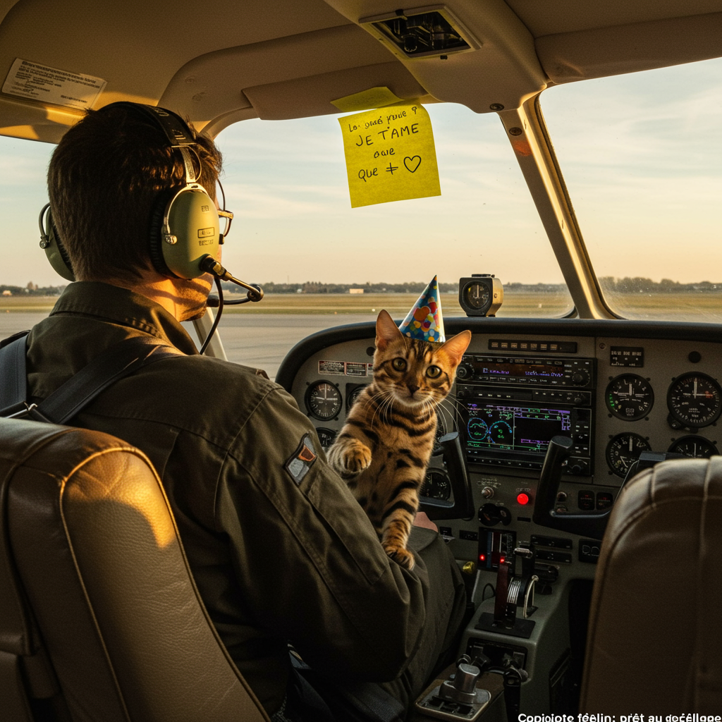 At the top of the Photorealistic picture taken from a camera image, Bonne fête nouuu ! Je te souhaite un moment exceptionnel à la hauteur de la personne que tu es ! J’espère que tu n’as pas peur des hauteurs, parce que cette année, on va grimper vers de nouveaux sommets !
Ultra-high-definition 4K UHD, true-to-life, humorous scene inside a Cessna 172 cockpit parked on the sunlit apron at golden hour. Over-the-shoulder composition of a brown-haired pilot seen from behind (pilote d’avion châtain de dos), wearing an aviation headset, hands lightly on the yoke. In the co-pilot seat: a Bengal cat with a sleek spotted coat, tiny aviation headset and a small birthday party hat, sitting upright with one paw cheekily reaching toward the yoke, bright curious eyes and whiskers catching the light. On the instrument panel, a yellow Post-it note clearly reads: “je t’aime ❤️❤️” in handwritten black marker. Outside the windscreen, softly defocused runway, hangar, and warm sky; interior shows realistic textures: worn leather seats, subtle scuffs on the yoke, metal rivets, reflections on the glass, faint dust motes in the sunbeam. Lighting: warm, directional sunlight through the windshield with soft, believable shadows. Depth: sharp focus on the pilot’s shoulders, Bengal cat, yoke, and Post-it; gentle bokeh outside for depth and atmosphere. Composition balances pilot on the left and Bengal cat on the right, horizon level, natural perspective from the rear cabin.
Add a small, playful one-line caption at the bottom-right in a clean sans-serif, unobtrusive: “Copilote félin: prêt au décollage.”
Camera specs for realism: full-frame DSLR look, 35mm lens, f/4, ISO 200, 1/500s. Ultra-detailed, accurate colors, natural grain, lifelike materials. No visible brand logos. Only visible text in-scene: the top headline, the Post-it “je t’aime ❤️❤️”, and the small caption.
Generated with these themes: Pilote d’avion châtain de dos, Cessna 172, Post-it écrit: je t’aime ❤️❤️, Bengal, and .
Made with ❤️ by AI.