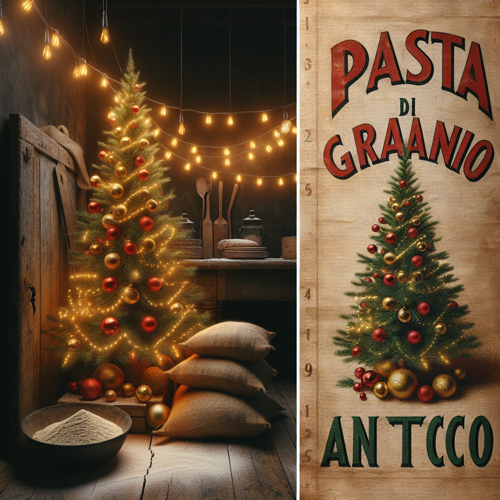 In a rustic kitchen, the glow of golden fairy lights casts a magical aura on a vivid, realistic Christmas tree. Positioned in the corner, the tree is decked with red and green baubles, and at its base, flour-dusted sacks are artfully arranged to show 'Pasta di grano antico' in bold, vintage lettering, tying the old-world charm into the holiday spirit.
Generated with these themes: christmas tree's.
Made with ❤️ by AI.