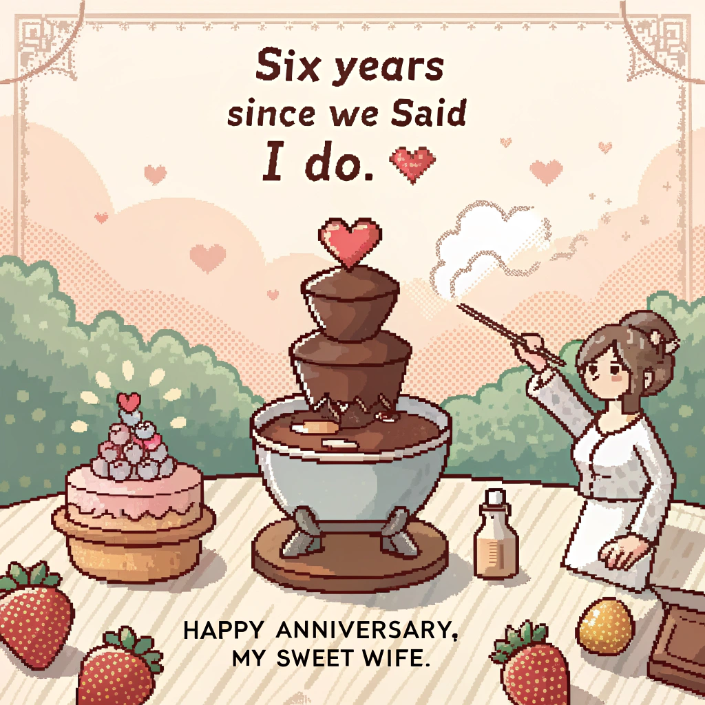 At the top of the Pixel Art Style image, "Six years since we said 'I (fon) do.' Happy anniversary, my sweet wife."

- Cute 8-bit pixel scene centered on a heart-shaped chocolate fondue pot, bubbling with glossy pixel-chocolate and tiny heart-shaped steam puffs rising.
- Two crossed pixel skewers form a subtle heart silhouette: one holds a strawberry, the other a marshmallow, each with ring-shaped gold handles nodding to wedding bands; chocolate drips make a little pixel heart on the table.
- Arrange six tiny pink pixel hearts orbiting the pot like a retro power-up trail to mark the six years.
- Surround the pot with small dip treats in neat pixel icons: banana slice, pretzel, cherry, cookie—kept simple and chunky.
- Background: cozy midnight-blue with twinkly star pixels and faint heart-bokeh; tabletop is a red-and-white 8-bit checkered cloth.
- Color palette: warm cocoa browns, cream, blush pinks, strawberry reds, and a touch of gold; crisp 8-bit arcade font for text, with chunky square pixels and minimal dithering; bold 1–2 px highlights on metal and chocolate for that retro shine.

At the bottom of the image, "Still melting for you — Level 6 unlocked!"
Generated with these themes: Chocolate fondue, and .
Made with ❤️ by AI.