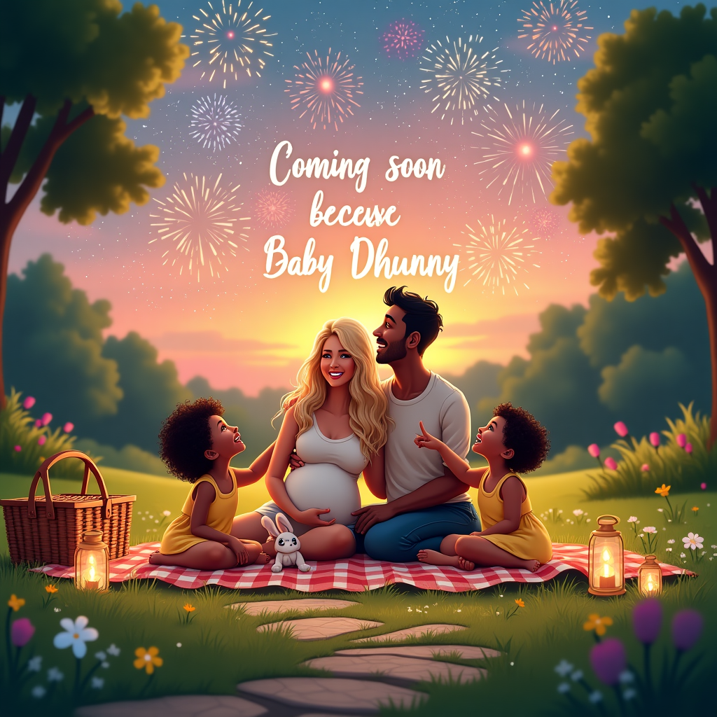 2025, Fireworks, Welcome, Love, , Outside, Realistic, 2 sisters brown hair, Mother blonde hair, Father light brown skin and short black hair, and Cozy New-baby Card