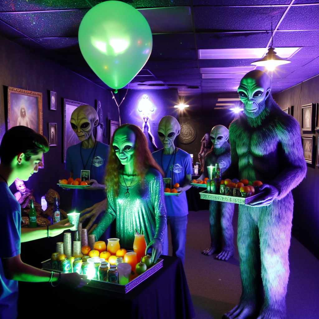 Imagine a unique birthday event that combines elements of the surreal and realistic, set within an environment where myth and reality become ambiguously intertwined. Picture alien-like figures with radiant, iridescent skin handing out refreshments that seem to be from a different realm. Fans of cryptids are captivated as they interact with lifelike statues of legendary creatures like Bigfoot and Mothman, sculpted skillfully to appear as if frozen mid-motion. The room hides its secrets well, where dimly lit corners reveal faintly glowing symbols of occult mysticism, celebrating the thrill of the unexplained, and the mystery of what lies beyond our understanding.
Generated with these themes: Aliens, Cryptids, Mothman, Bigfoot, and Occult.
Made with ❤️ by AI.