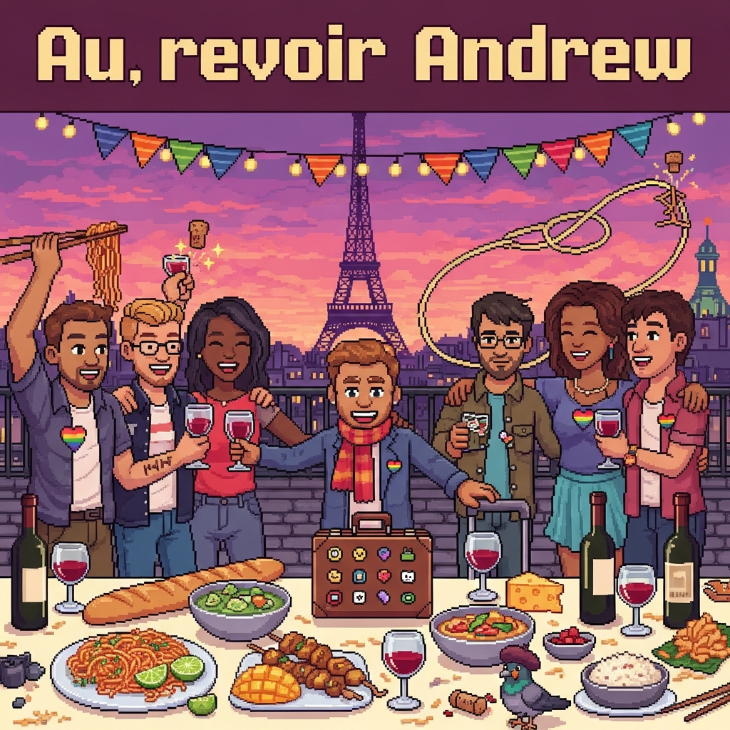 At the top of the Pixel Art Style image, "Au revoir Andrew" in big, chunky 8-bit lettering with a warm cream fill and deep plum drop-shadow.

Crisp 8-bit pixel art scene in a vibrant, limited 16–32 color palette, chunky square pixels, no anti-aliasing, light dithering. Funny farewell mood on a Paris rooftop terrace at dusk: the Eiffel Tower silhouetted against a purple–orange sky, string lights twinkling, and rainbow pride bunting draped overhead.

Foreground: a long café table on cobblestones piled with Thai food and wine—steaming pad thai with lime wedges, green curry in bowls, satay skewers, mango sticky rice, alongside baguette, cheese, and several open bottles of red and white wine with clinking pixel-glass highlights. A playful gag: one friend uses a baguette like giant chopsticks to lift noodles; a cork pops from a wine bottle with sparkling pixel stars; a noodle loops like a lasso around a suitcase handle.

Characters: eight cheerful friends (4 women, 4 men) of diverse looks and skin tones. Gay-friendly vibe: rainbow heart pins and affectionate same-sex arm-in-arm poses. Two men toast with wine while side-hugging; two women laugh arm-in-arm; others raise glasses and chopsticks. Center Andrew: smiling, slightly stepping back as if about to leave, holding a small suitcase covered in colorful icons (no text), wearing a jaunty scarf and a tiny pixel heart pin. A tiny pixel pigeon in a beret eyes a dropped satay skewer for a comic touch.

Framing: wide cinematic composition, waist-up characters across the table, Eiffel Tower and rooftops behind them. Warm golden rim light from string lights; clean outlines; bold, nostalgic video-game charm.

At the bottom of the image in a small 8-bit caption, a single cheeky line: "Pad Thai later!"
Generated with these themes: Wine, friends, Thai food, paris, gay, 4 women, 4 men , and .
Made with ❤️ by AI.