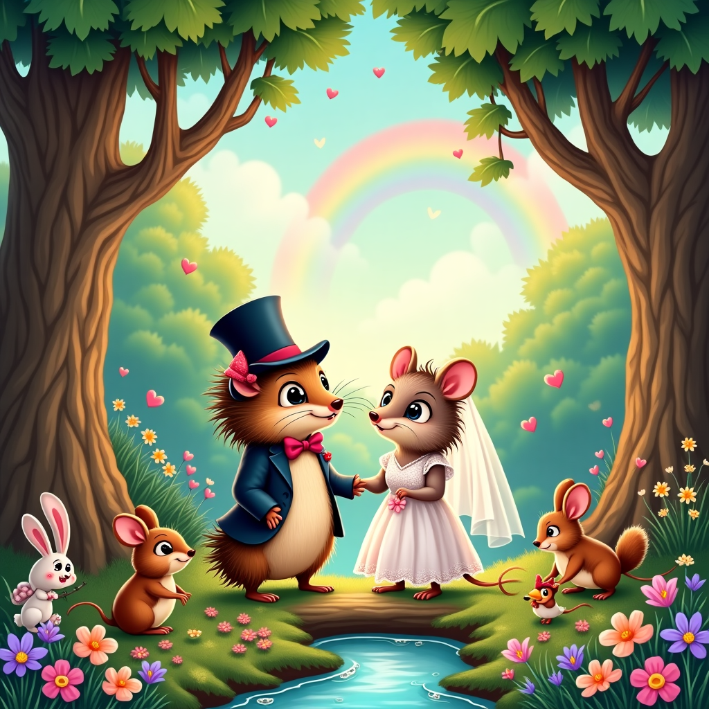 The front cover of this Valentine's Day greeting card is a vibrant, cartoon-style illustration featuring a wedding scene in a magical forest glen. At the center of the scene is a charming boy hedgehog and a delightful girl rat, both with exaggerated and whimsical features, standing side by side at a rustic, natural altar.

The boy hedgehog sports a dapper, miniature tuxedo, complete with a tiny bow tie and oversized top hat that sits jauntily on his head. His quills are neatly brushed, and his eyes are wide and expressive, almost popping out in a playful manner. Beside him, the girl rat wears a flowing, delicate wedding dress adorned with tiny, sparkling flowers. Her whiskers are perked up, and a dainty veil, dotted with pastel petals, drapes over her head. Her round ears poke through, adding a touch of whimsy to her bridal ensemble.

Surrounding them is a lush forest glen, with towering, cartoonishly oversized trees that have faces hidden in their bark, reminiscent of the whimsical style of classic Disney animations. The foliage is a riot of bright greens, with hints of deep purples and blues in the shadows. A canopy of vibrant, heart-shaped leaves creates a natural archway above the couple, casting playful dappled light onto the scene below.

At the forest floor, a carpet of multicolored wildflowers spreads out, with oversized daisies, daffodils, and violets that seem to dance in the gentle breeze. Among the flowers, small woodland creatures—rabbits, squirrels, and birds—are gathered as guests, each with exaggerated, comical features that bring a sense of animation to the scene. The rabbits sport bow ties, the squirrels have tiny top hats, and the birds are dressed in little vests.

In the background, a babbling brook winds through the glen, its water glistening with hues of turquoise and silver, adding a sense of movement and life. A rainbow arches across the sky, its colors vivid and bold, setting a magical and surreal backdrop, as if taken straight out of a scene from a Tezuka manga or a Watterson strip.

The card is designed with clean lines and a playful composition, inspired by the likes of Schulz and Larson, with a touch of Hergé’s attention to detail. The characters and setting come together to create a delightful and endearing scene, making this card a unique and charming tribute to love and unity.
Generated with these themes: Cute boy hedgehog and cute girl rat getting married, and In a beautiful forest glen.
Made with ❤️ by AI.