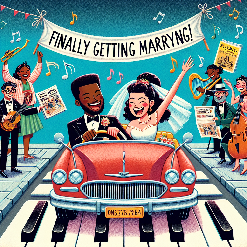 Create a colorful, whimsical-themed illustration depicting a Black groom and Caucasian bride joyously driving a vintage convertible car down a road constructed of piano keys, signifying their mutual love for musicals. Their best friends, both South Asian males and Hispanic females, stand by the roadside as cheerful spectators, each holding a unique instrument or a playbill from well-known musicals. Suspended above the lively scene, a banner dances in the wind with the phrase 'Finally getting marrying!', adding a pleasantly amusing and heartening final touch to the jubilant wedding ceremony scenario.
Generated with these themes: Our best friends, Musicals, Cars, and Finally getting married.
Made with ❤️ by AI.