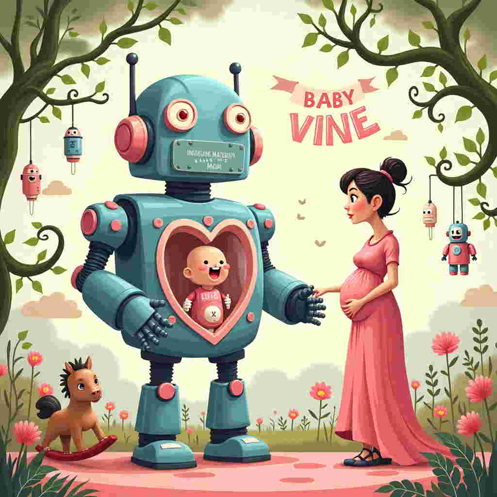 In a whimsical nursery setting, the scene opens with a joyful and fantastical twist. At the forefront, a cartoonish, comically oversized robot stands, its metallic body gleaming in pastel hues of pink and blue. Inside the robot’s transparent, heart-shaped chest compartment, sits a tiny, giggling baby in a control seat, donned in a miniature spacesuit with buttons and levers all around. The baby’s hands are playfully pressing buttons, and a cheerful digital display on the robot's belly reads, "Initiating Maternity Mode..." in bold, playful lettering.

To the right of this charming robot, a pregnant woman with an exaggeratedly round belly stands with a bemused expression. She has a twinkle in her eye, and her outfit is a blend of retro-futuristic styles, complete with a flowing, shimmering gown that seems to sway like the gentle wind. Her hands rest lovingly on her belly, emphasizing her connection to the baby within.

The background is a fantastical nursery setting inspired by Maurice Sendak and Quentin Blake, filled with whimsical details. The walls are adorned with playful, intricate line drawings of vines and flowers, a nod to Aubrey Beardsley’s influence, with the words "Baby Vine" cleverly entwined amongst the vines, resembling a lively banner celebrating the new arrival. The ceiling is painted like a sky, where fluffy clouds shaped like toys and baby bottles float by, each inscribed with adorable little faces.

Scattered throughout the scene are various elements: a rocking horse painted in vibrant colors reminiscent of a Beatrix Potter tale, and plush toys styled after Edward Gorey’s illustrations, adding a touch of playful eeriness. A mobile hangs overhead, featuring miniature robots and spaceships that twirl lazily, casting gentle shadows reminiscent of Maxfield Parrish’s ethereal landscapes.

This charming and eccentric greeting card cover captures the excitement and wonder of welcoming "Baby Vine" into a world where fantasy and reality beautifully intertwine.
Generated with these themes: fun illustration of a pregnant woman with baby in a robotic suit or a tiny baby controlling a robot from inside, with a speech bubble saying, "Initiating Maternity Mode...".
Made with ❤️ by AI.