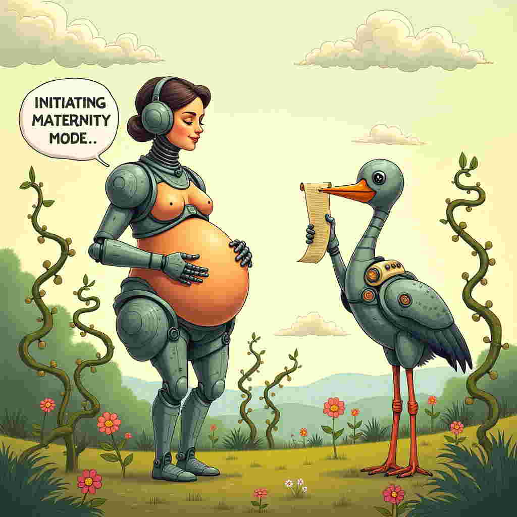 In a whimsical landscape that seems like a blend between a 1950s sci-fi movie set and an enchanting nursery rhyme, the scene unfolds in the foreground with a playful, almost mechanical meadow. Standing prominently is a humorously depicted pregnant woman, her belly transparently illustrated to show a tiny baby nestled inside. The baby, not resting as you'd expect, is instead shown wearing a cartoonish robotic exoskeleton, complete with oversized control panels, joysticks, and tiny screens. The baby is joyfully pushing buttons and pulling levers, with a cheerful determination, clearly in charge of its own destiny. Above the baby's head, a speech bubble humorously declares, "Initiating Maternity Mode...".

Surrounding this central figure are lush, winding vines that seem to grow out of the earth itself, reminiscent of Arthur Rackham's intricate line work, twisting and curling playfully around mechanical gears and cogs. These vines subtly spell out "Baby Vine" in flourishing, leafy letters, as though nature itself is welcoming this new little engineer. The background features a soft, pastel sky, Maxfield Parrish-style, where fluffy clouds float lazily by, framing the scene like a dreamy, gentle backdrop. Off to the side, a mechanical stork, inspired by Beatrix Potter's animals but with a quirky twist, holds a blueprint scroll in its beak, detailing the "plans" for the new arrival's future adventures.

The illustration captures a delightful blend of futuristic whimsy and classic storybook charm, a nod to the awe and humor of welcoming a new life into a world full of possibilities and mechanical wonders.
Generated with these themes: fun illustration of a pregnant woman with baby in a robotic suit or a tiny baby controlling a robot from inside, with a speech bubble saying, "Initiating Maternity Mode...".
Made with ❤️ by AI.