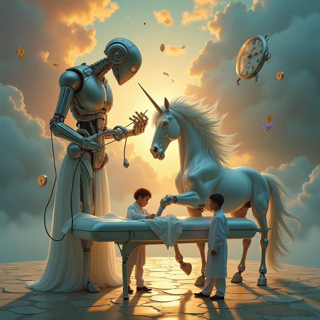 Robot machine with one arm and 4 fingers operating on a unicorn with a male surgeon, and Thank-you Card