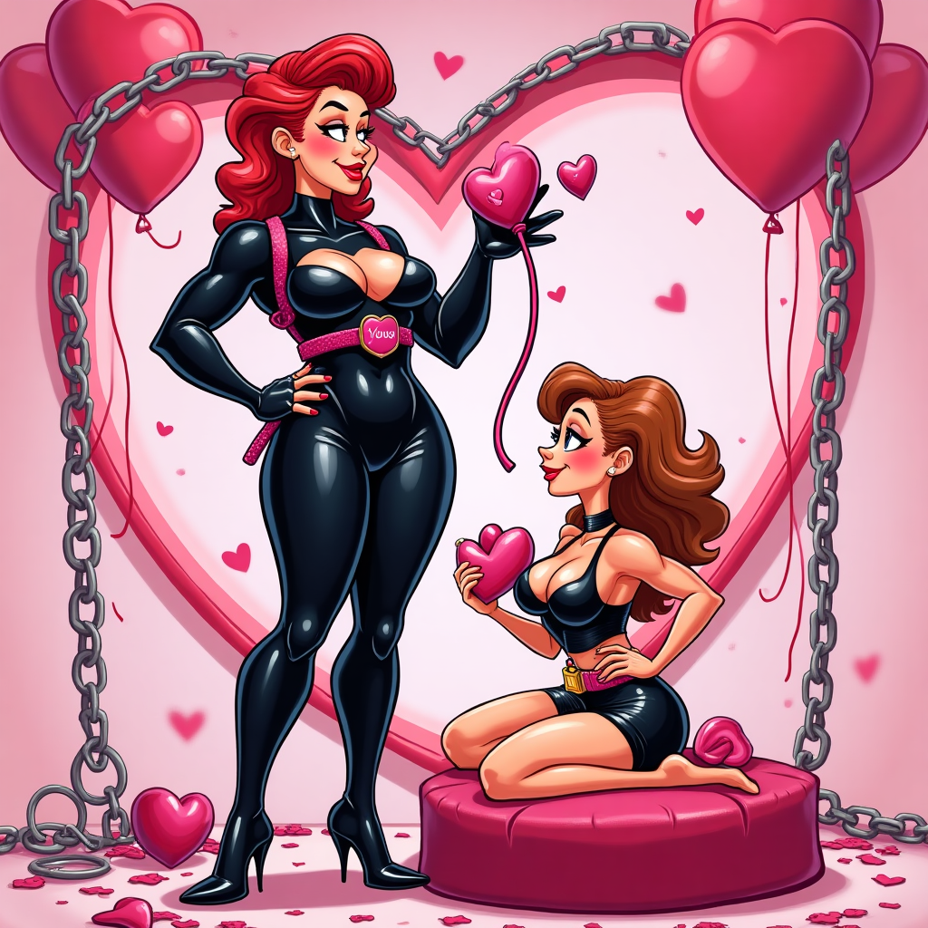 At the top of the Cartoon Style image, To my Domme.

Playful, cheeky Valentine’s cartoon in bright saturated colors with thick outlines and exaggerated proportions: two consenting adults in a fun femdom scene. A tall, curvy dominatrix in glossy black latex catsuit, thigh-high boots, and long gloves stands confidently, winking; she wears a pink latex strapon harness with a cute heart-tipped toy, holds a coiled whip looped into a heart, and dangles a tiny key from one finger. Beside her, a blushing kneeling partner in shiny latex shorts sports a cartoonish chastity belt with an oversized heart-shaped padlock and a collar tag reading “Yours,” gazing up adoringly. Chains drape across the background like festive bunting, forming heart shapes; metallic cuffs and ribbons scatter near a plush heart-shaped ottoman at the domme’s heel. The palette is hot pinks, cherry reds, jet black, and electric purples with candy-like shine and sparkles on the latex; energetic, whimsical poses, big expressive faces, and playful motion lines. Add Valentine motifs—floating heart balloons, key-and-lock confetti, and a giant heart frame made of linked chains around the pair.

At the bottom of the Cartoon Style image, I’m strapped for you.
Generated with these themes: Femdom, Chastity, Latex, Dominatrix, Strapon, Whips, Chains, and .
Made with ❤️ by AI.