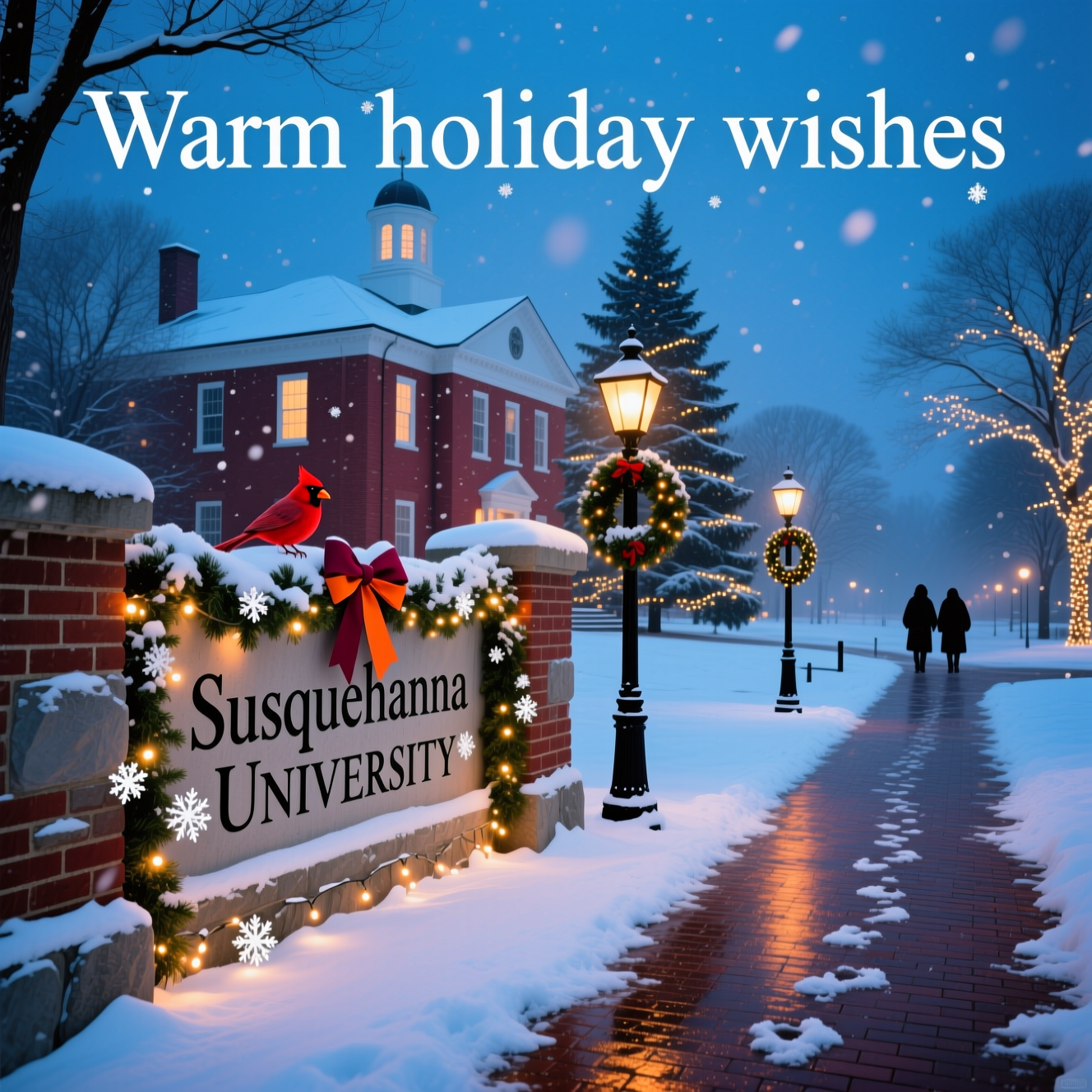At the bottom of the Photorealistic picture taken from a camera image, “Warm holiday wishes” in an elegant white serif with a soft drop shadow, understated and heartfelt.

Ultra-high-definition 4K UHD photorealistic winter scene at Susquehanna University during gentle evening snowfall, captured at blue hour. Foreground: a snow-dusted stone entrance sign engraved “Susquehanna University,” trimmed with fresh evergreen garland and warm white fairy lights, a simple maroon-and-orange ribbon bow (subtle nod to school colors). Individual snow crystals sparkle on the chiseled letters; a bright red cardinal perches on the garland for a sincere, quiet touch. Midground: a brick walkway with soft footprints leads past black iron lampposts wrapped in wreaths, their amber glow reflecting on wet brick. A stately red-brick campus building with white trim and a small cupola rises beyond, windows warmly lit, with a tall spruce beside it adorned in soft white lights—classical, tasteful holiday decor. Background: bare trees laced with tiny warm twinkles against a deep cobalt sky, faint mist in the distance, hushed and peaceful. No crowds; perhaps two distant bundled figures in silhouette, non-identifiable, strolling across the quad to suggest life without distraction.

Camera and lighting: full-frame mirrorless, 35mm prime, f/2.8 for layered depth with the sign tack-sharp and background softly rendered; ISO 200, 1/250s to catch snowflakes midair; natural blue ambient from the sky balanced by the warm practicals of lampposts and windows. Lifelike textures (stone, snow, wet brick, evergreen needles), realistic micro-contrast, gentle vignette to draw the eye from sign to building. Color palette: warm amber and candlelight against cool blues, accented by maroon and orange details. Composition: rule of thirds with the engraved sign anchoring the lower-left, leading lines of the walkway to the building. Mood: sincere, peaceful, welcoming, classic Christmas without kitsch.
Generated with these themes: Susquehanna University, and .
Made with ❤️ by AI.