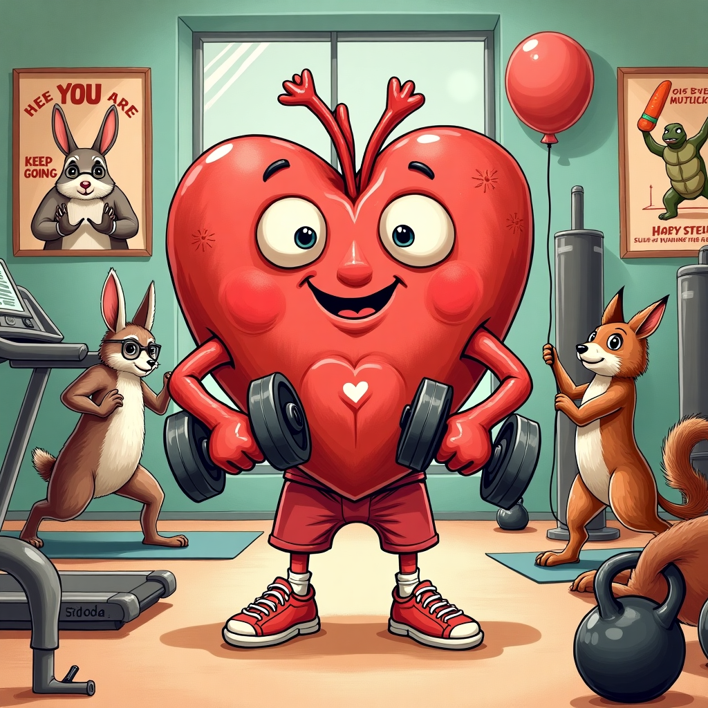 Front and center, a detailed hand-drawn illustration captures the heart of a bustling gym environment, filled with quirky charm and humorous elements. In the style reminiscent of Norman Rockwell and Quentin Blake, the scene is brimming with expressive characters and intricate details.

At the heart of the image, a large, anthropomorphic heart character stands proudly. The heart is clad in a playful gym outfit: bright red sneakers, sweatbands on its rounded arms, and a tiny, adorable tank top. The tank top features a small heart motif that ties back to Valentine's Day. This heart character holds a set of comically oversized dumbbells, its muscles humorously flexed as if showing off.

Surrounding the heart are members of the "gym family" - an eclectic mix of quirky characters, each one unique. There’s a bespectacled rabbit with a sweatband around its ears, an elderly tortoise doing yoga, and a brawny bear lifting weights with ease. Each character is drawn with exaggerated, expressive features, similar to the works of Beatrix Potter and Maurice Sendak.

The gym is bustling with activity: a raccoon is jogging on a treadmill, a fox is practicing its boxing stance against a punching bag, and a squirrel is balancing a kettle bell with acrobatic precision. The background is filled with classic gym equipment, all rendered in a whimsically exaggerated style – think treadmills, punching bags, and exercise mats, all drawn with quirky, over-the-top details.

The walls of the gym are adorned with humorous motivational posters – one features a cartoon carrot with the caption "Keep Going!" and another shows a triumphant turtle breaking the finish line tape with the words "Slow and Steady Wins the Race."

The color palette is lively and vibrant, with warm tones of reds, pinks, and oranges dominating the scene, enhanced by subtle greens and blues for contrast. This vivid array of colors brings the illustration to life, much like the vibrant works of Maxfield Parrish.

The card's title, "You are the heart to our gym family! Happy Valentine's Day," is creatively integrated into the scene. The words are playfully inscribed in a curling script along the top edge of the image, as if they are part of a whimsical banner held by two fluttering doves, reminiscent of the intricate designs by Aubrey Beardsley.

This captivating and comical Valentine's Day card front is an artful celebration of camaraderie, all wrapped in the warmth and hilarity of a tight-knit gym family, perfect for any fitness enthusiast.
Generated with these themes: You are the heart to our gym family! Happy Valentines day.
Made with ❤️ by AI.