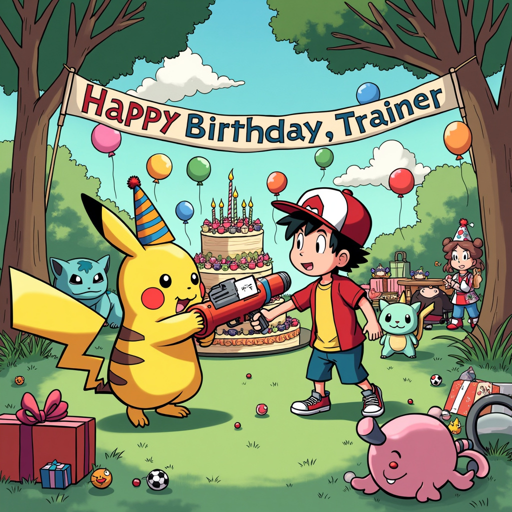 In a quirky, bustling Pokémon-themed birthday party, the scene is set in a vibrant park filled with a whimsical mix of cartoonish elements reminiscent of Bill Watterson's dynamic lines and Charles Schulz's charming simplicity. In the foreground, Pikachu, with his cheeky grin, is holding an oversized, brightly-colored water gun, aiming it mischievously at an unsuspecting Ash Ketchum, who is wearing a party hat with a comically large pom-pom on top. Ash’s eyes are wide with surprise, his hat tipped back as a jet of water sprays him.

Surrounding them, various Pokémon like Bulbasaur, Charmander, and Jigglypuff are engaged in their own playful antics. Bulbasaur has a party blower stuck in its mouth, and Charmander is trying to light birthday candles with its tail flame. Jigglypuff, holding a microphone, appears ready to sing "Happy Birthday," but everyone is blissfully unaware, likely to be lulled to sleep soon.

The background features a large, ornate birthday cake with a mountain of frosting and an absurd number of candles, exaggerated in a way that would make R. Crumb proud. Floating around the cake are colorful balloons in the shapes of different Pokémon heads, inspired by the imaginative designs of Winsor McCay. 

A banner strung between two trees reads “Happy Birthday, Trainer!” in bold, comic-style letters, with Pokémon hiding behind the letters. A present table to the side is piled high with wrapped gifts, some of which have partially opened to reveal Pokémon-themed toys, a nod to Hergé’s intricate detailing.

In the distant background, Team Rocket's Jessie and James, dressed as clowns, are seen trying to sneak away with a large, comically oversized gift box, their expressions exaggerated in a Gary Larson style of humor.

The entire scene is rich with playful details, colors, and lively characters, creating a birthday celebration that’s as chaotic as it is delightful, capturing the essence of each artist's inspiration while telling a unique story through the lens of Pokémon and playful gun hijinks.
Generated with these themes: Pokemon, and Gun.
Made with ❤️ by AI.