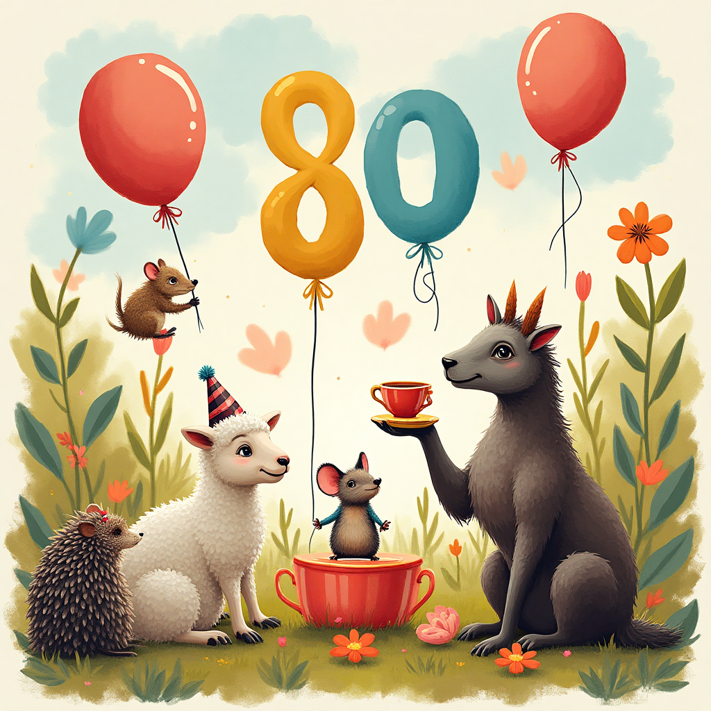 Lamb, camel, mouse, tea party, 80th clouds, woodland, fairytale,  blonde puppy, hedgehog, fox, mole,  balloons , and Birthday Card