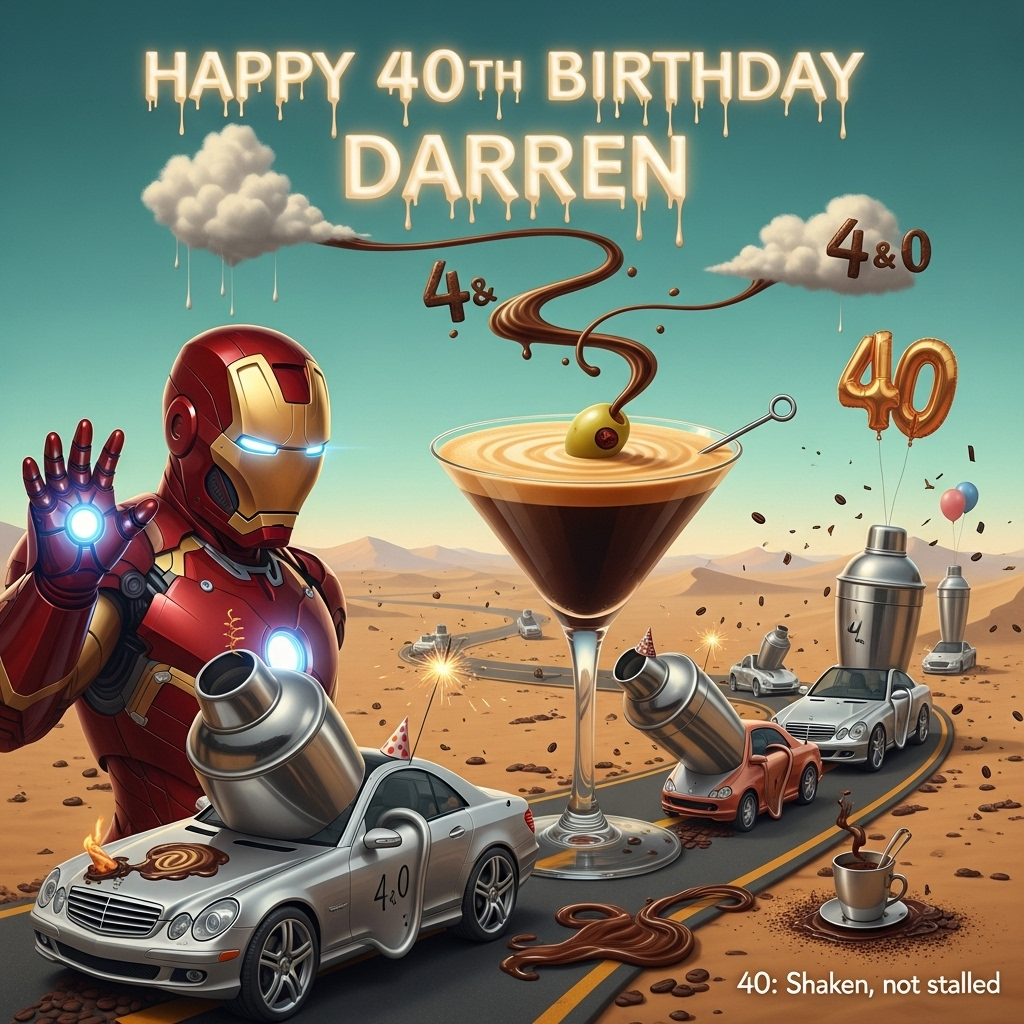 Iron man, espresso martini, Mercedes cars,  , and Birthday Card