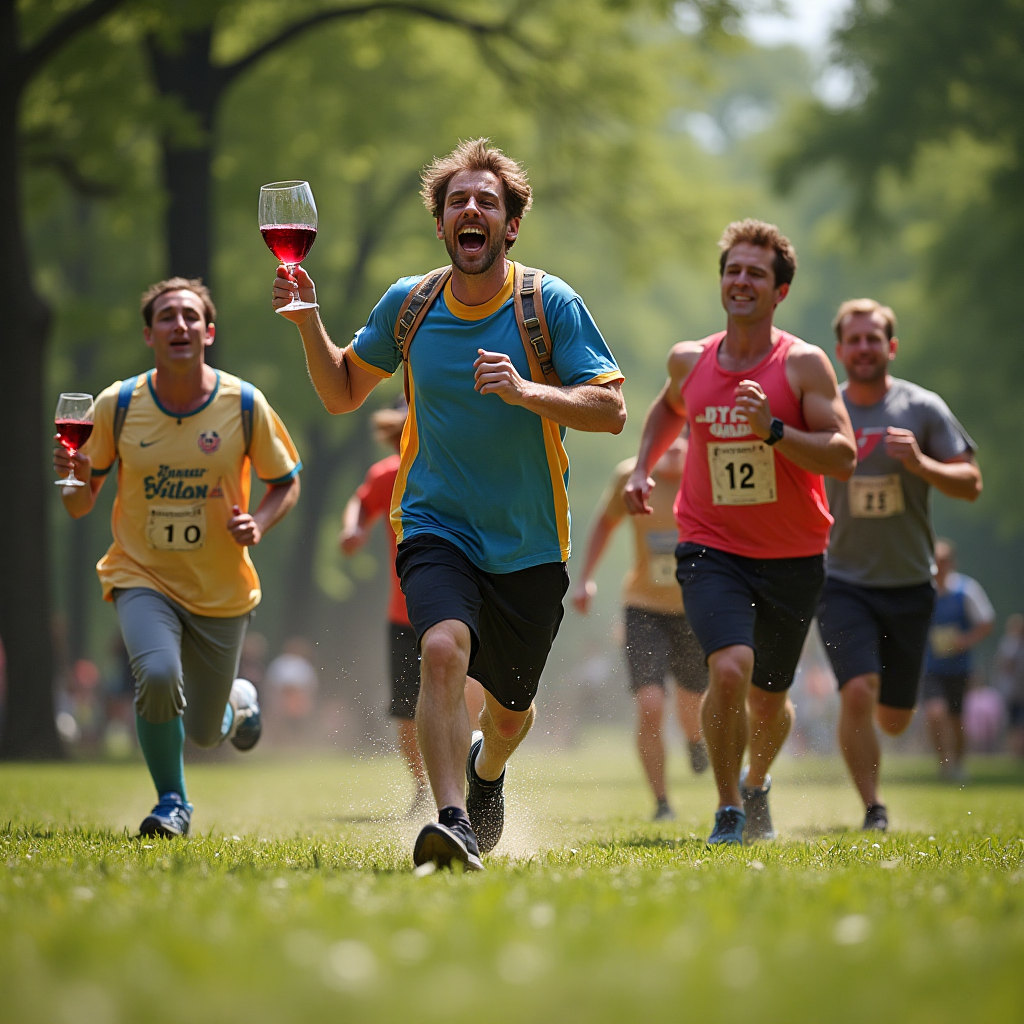 At the top of the Photorealistic picture taken from a camera image, the text reads: "Happy Birthday Seonaid!"

A sunny park scene is captured in ultra-high-definition 4K UHD, featuring a lively setting where a group of people dressed as iconic characters from "Seinfeld" are participating in a quirky fun run. Jerry, Elaine, George, and Kramer are sprinting towards the camera, each holding a large glass of red wine precariously in one hand. Their expressions are comically exaggerated with determination and hilarity, showcasing the essence of their characters. The rich depth of field highlights the detailed textures of their costumes, the splash of wine mid-air, and the green foliage of the park in the background. A small, cheeky caption at the bottom of the image reads: "Run Now, Wine Later!"
Generated with these themes: Running, Wine, Seinfeld, and .
Made with ❤️ by AI.