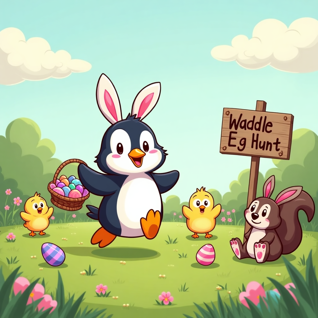 At the top of the cartoon image, "Fiona, you're eggstra cool — Happy Easter!"

**Prompt for image generation:**

A cheerful cartoon-style penguin with a big smile, wearing fluffy bunny ears, is hopping joyfully across a grassy meadow sprinkled with colorful Easter eggs and blooming spring flowers. The penguin is mid-bounce, trailing a basket of candy eggs that's spilling comically behind it. A couple of startled chicks watch in awe as one egg rolls toward a confused squirrel in bunny slippers. The sky is sunny with soft pastel clouds, and there's a wooden sign that reads "Waddle Egg Hunt →" in crayon handwriting. The overall mood is playful, funny, and bursting with Easter joy.
Generated with these themes: A happy penguin in a cute Easter scene.
Made with ❤️ by AI.