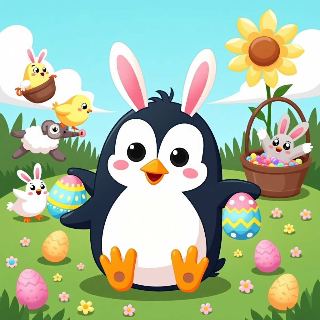 At the top of the cartoon image, "Hoppy Easter, Fiona — You're Eggstra Cool (Even for a Penguin!) 🐣❄️"

**Image Prompt:**
A joyful cartoon-style penguin with big googly eyes and a bright smile, wearing pastel bunny ears and holding a brightly decorated Easter egg in each flipper. The penguin is standing in a grassy spring meadow sprinkled with colorful eggs, flowers, and tiny fluffy chicks. Behind the penguin, an Easter egg hunt is in full swing with rabbits and sheep dashing about in playful chaos. One chick is accidentally riding a rolling egg like a unicyclist, while a surprised bunny falls into a basket full of jelly beans. A cheerful blue sky and a giant daisy frame the background. The entire scene oozes whimsical joy and egg-ceptional silliness.
Generated with these themes: A happy penguin in a cute Easter scene.
Made with ❤️ by AI.
