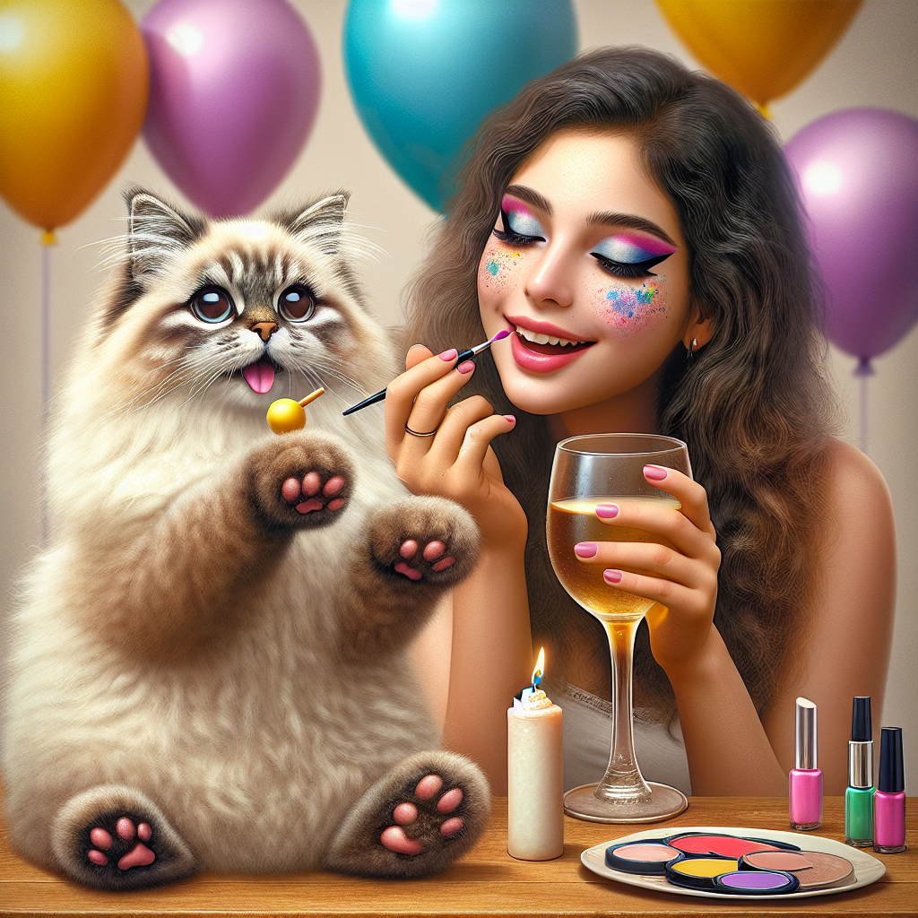 Create an image of a charmingly realistic birthday party scene. In the center, there is a delightful Ragdoll cat with patches of fur-toned nail polish and daubs of makeup, implying a playful preparation for a festive celebration. In the background, there is a young Middle-Eastern girl, presumably the birthday girl, she is vividly laughing amidst flying colorful balloons. She gently holds a glass and tilts it towards her mouth for a sip of her non-alcoholic birthday drink.
Generated with these themes: Ragdoll cat nail polish make up daughter drinking.
Made with ❤️ by AI.