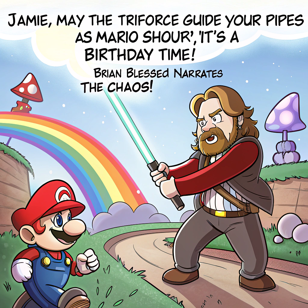 At the top of the image, "Jamie, may the Triforce guide your pipes as Mario shouts, ‘IT'S-A BIRTHDAY TIME!’—and Brian Blessed narrates the chaos!"

- The central illustration features a wild crossover birthday bash: Link and Mario are dueling with lightsabers on a rainbow road made of rupees and banana peels. 
- In the background, Brian Blessed floats as a booming, bearded Hyrulean Force ghost shouting incomprehensible birthday cheer while wielding a giant party horn.
- Darth Vader is confusedly trying to jump over Goombas with his lightsaber while a hyper-serious Mr. Bean (in full Jedi robes) stands stoically balancing a cake the size of Hyrule Castle.
- Yoda sits in a warp pipe playing the ocarina, and Princess Zelda gives him a confused thumbs-up. 
- Toads fire off party poppers from a starship shaped like a giant mushroom.
- The scene is chaotic, colorful, and full of pop-culture puns hidden in banners like “It’s-a-Birthday-Wan Kenobi!” and “May the Mushroom be with you!”
Generated with these themes: Mario, Zelda, Nintendo, Star Wars , Brian blessed, and Rowan Atkinson .
Made with ❤️ by AI.