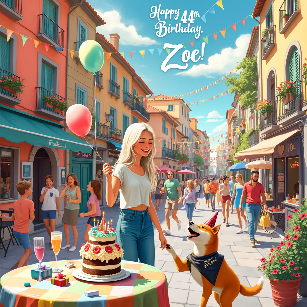 The front cover of the birthday greeting card features a bustling and vibrant scene set in the heart of Chueca, Madrid, celebrating Zoe's 44th birthday. The backdrop is a lively plaza with charming, pastel-colored buildings adorned with rainbow flags and colorful flower pots hanging from wrought-iron balconies. The sky is a crisp, clear blue with fluffy white clouds spelling out "Happy 44th Birthday, Zoe!" in a whimsical, cursive font.

In the center of the scene stands Zoe, a medium-built woman with long, straight, white-blond hair cascading down her back. She is laughing and holding a balloon shaped like the number "44" in one hand. Her other arm is extended, as she playfully reaches for her Shiba Inu, who is mid-jump trying to catch a treat. The Shiba Inu wears a festive birthday hat and a little cape that reads "Zoe's Best Friend."

A small, round café table nearby is adorned with a beautifully decorated birthday cake, which has "Zoe" written in elegant script on top of it. The cake is multi-layered, with vibrant colors and intricate frosting flowers. Around the table are a few presents wrapped in shiny, colorful paper and tied with elaborate bows.

The plaza is dotted with cheerful people, some dancing to an invisible tune, others chatting and enjoying the festive atmosphere. There are street vendors selling balloons, ice cream, and flowers, adding to the lively and joyous scene. In the distance, you can see a narrow street leading deeper into the neighborhood, with a glimpse of more people celebrating and colorful decorations hanging between the buildings.

This detailed and vivid scene captures a delightful moment in Zoe's 44th birthday celebration in Madrid, with every element tying back to her and her Shiba Inu, surrounded by the charm of Chueca.
Generated with these themes: Shiba Inu, Blonde woman 44th Birthday, Medium build, Madrid spain chueca, 44 years old, Long white blond straight hair, Long limbs, and Happy 44th Birthday .
Made with ❤️ by AI.