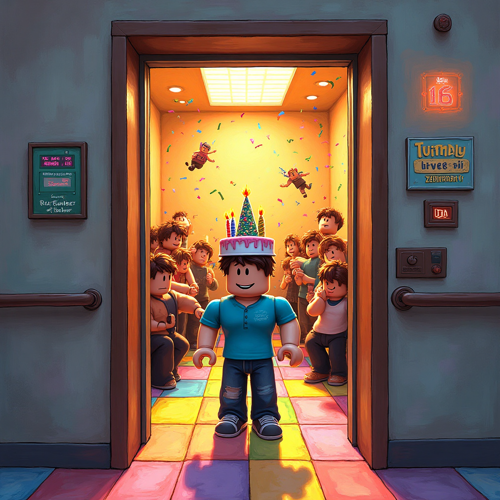 At the top of the Illustration Style image, place the text: "Happy 16th Birthday Zekariah"

---

**Image Description:**

A whimsical scene unfolds inside a bustling elevator. The interior is a playful fusion of an elevator and a Roblox world. The walls are pixelated, adorned with Roblox avatars engaging in cheerful antics, celebrating Zekariah's special day. 

In the center, a Roblox character stands proudly with a cake hat, complete with 16 colorful candles glowing brightly. The floor is a mosaic of colorful tiles resembling a party dance floor, with Roblox characters throwing confetti in the air.

To the side, a digital display reads, "Level 16: Party Floor!" humorously emphasizing the transition into a new, exciting chapter. A playful sign above the elevator buttons states, "No Adults Beyond This Point – Epic Fun Zone Ahead!"

The warm, expressive color palette infuses the scene with joy and festivity, while textured brush strokes bring depth and a touch of handmade charm to this quirky birthday celebration.
Generated with these themes: Elevators , Roblox, 16th Birthday , and .
Made with ❤️ by AI.