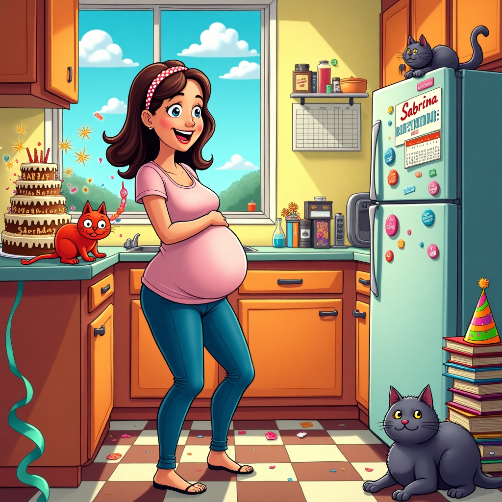 Pregnant woman, mid age, shoulder long brown hair, one red cat onde gray cat Birthday Card