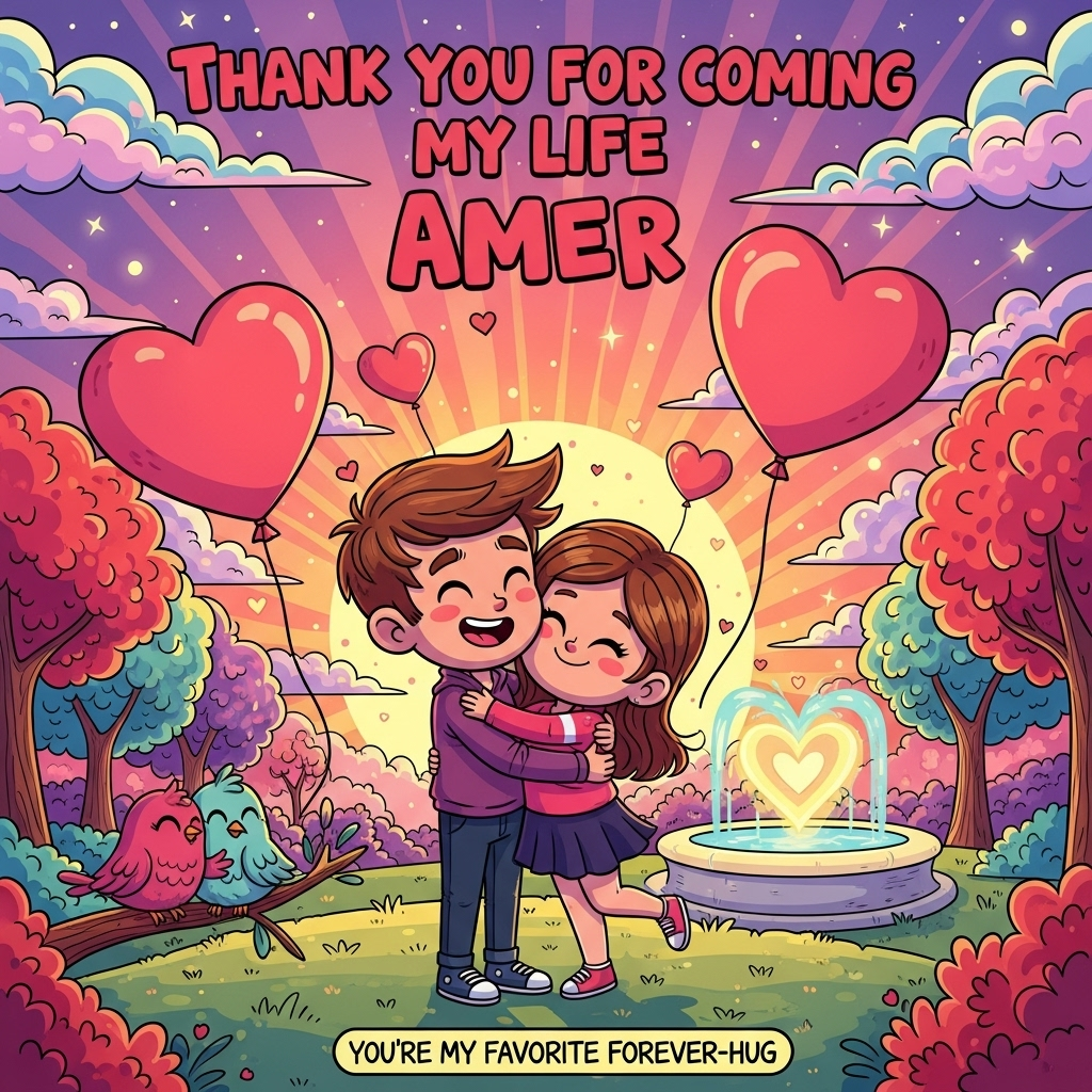 At the top of the Cartoon Style image, write in playful, bold pink bubble letters: **"Thank you for coming my life Amer"**.  

A whimsical, brightly-colored cartoon scene of a romantic couple hugging tightly in a magical park at sunset — the characters have exaggerated proportions, big expressive eyes, and huge warm smiles. The boy has tousled hair and is holding the girl close, while the girl’s eyes are closed in bliss, a little blush on her cheeks. Around them, giant heart-shaped balloons float in the air, pastel clouds swirl above, and tiny glowing sparkles drift around like fairy dust. Behind them, candy-colored trees and a glowing fountain shaped like a heart add to the dreamy atmosphere. A pair of cute cartoon birds sit together on a branch nearby, also hugging. The style is playful, outlined with thick black lines, full of saturated reds, pinks, purples, and gold, radiating warmth and affection. At the bottom, in small hand-drawn lettering, add: **"You’re my favorite forever-hug"**.
Generated with these themes: Romance, Hug, and .
Made with ❤️ by AI.