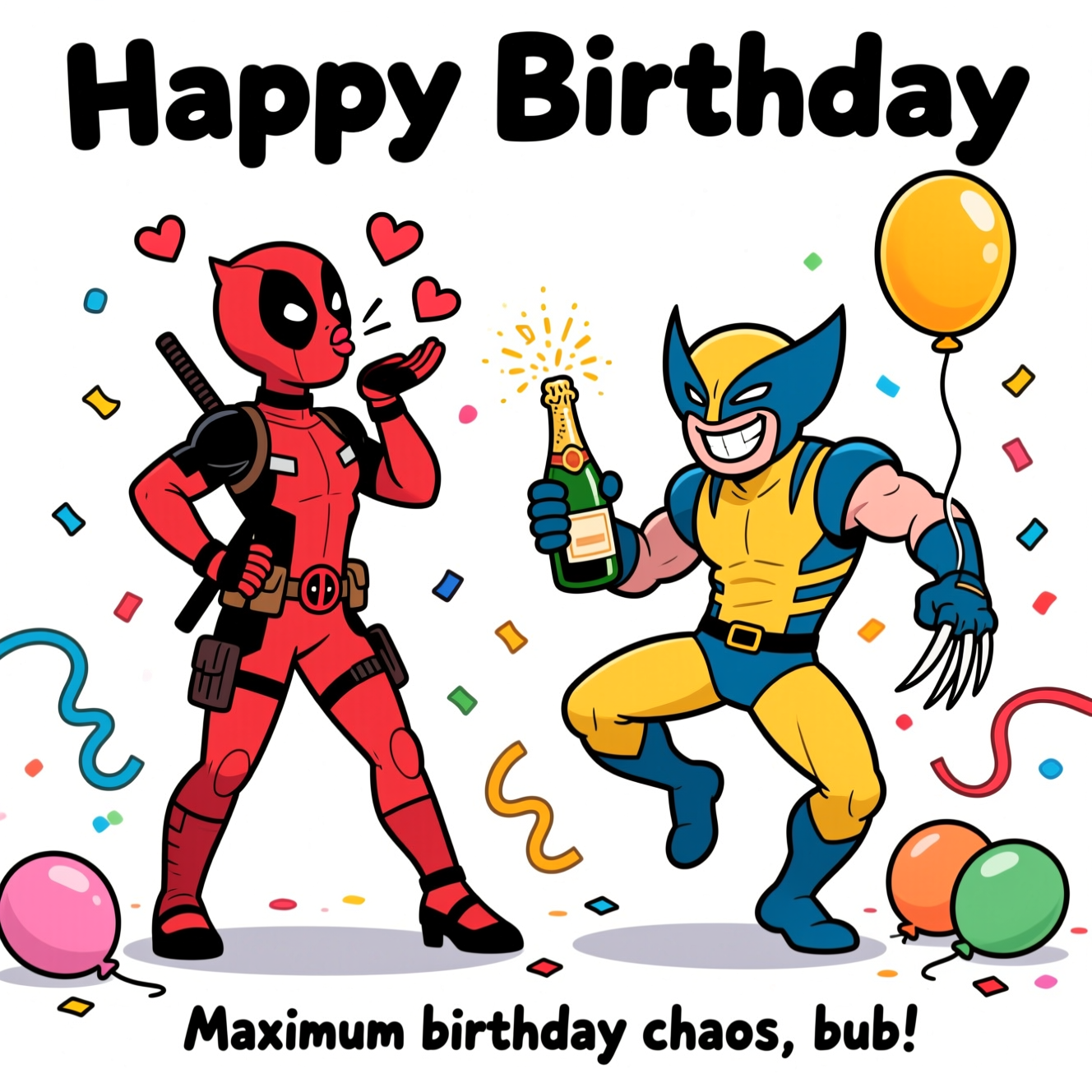 At the top of the Cartoon Style image, "Happy Birthday"

Big, playful cartoon scene on a clean white background, thick black outlines, bright saturated colors, and exaggerated proportions. Full-body view of Deadpool on the left: in his classic red-and-black suit, hip cocked and toe pointed, striking a cheeky, feminine pin-up pose. One hand rests on his hip; the other is up by his mouth as he blows a dramatic kiss toward the viewer, with a few floating, heart-shaped confetti puffs to emphasize the gesture. On the right, Wolverine in his classic yellow-and-blue suit and mask, full-body, mid-dance with bouncy, energetic movement—knees bent, shoulders grooving, a wide grin. One hand holds a bright helium balloon by the string; the other grips a champagne bottle with a fun sparkle on the foil; claws retracted for party safety. Add festive confetti, curling streamers, and a couple of scattered balloons around their feet, with a soft shadow under both characters to ground them. Keep the composition bold and uncluttered, lots of white space, high-contrast vibrant colors, and lively, whimsical poses for a funny birthday vibe.

At the bottom, a small playful caption in chunky hand-lettered style: "Maximum birthday chaos, bub!"
Generated with these themes: .
Made with ❤️ by AI.