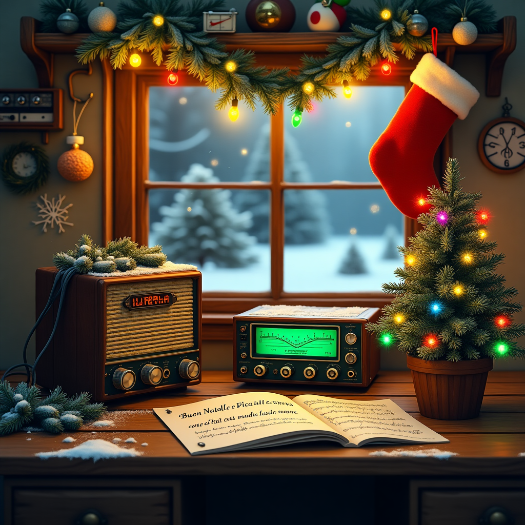 Un'ambientazione accogliente in un laboratorio radioamatoriale, con una scrivania adornata da luci natalizie. Sul tavolo ci sono diversi apparati radio, con uno di essi acceso e in funzione, emettendo onde radio. Dietro, un piccolo albero di Natale decorato con piccole antenne e luci colorate. In un angolo, una calza natalizia appesa accanto a una grande radio vintage, mentre sullo sfondo una finestra mostra un paesaggio invernale con neve che cade.  In primo piano, un cartello o un messaggio che dice: "Buon Natale e Felice Anno Nuovo a tutti i radioamatori di tutto il mondo!"  L'immagine unisce la tradizione del Natale con la passione per la comunicazione e la trasmissione delle onde radio. Potresti aggiungere anche onde radio stilizzate che si irradiano dal trasmettitore, simboleggiando la connessione tra i radioamatori a livello globale. Christmas Card
