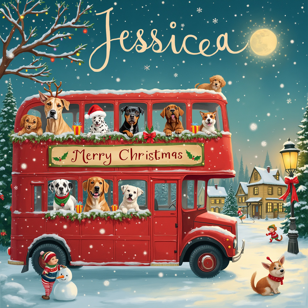 The front cover of the Christmas greeting card depicts a whimsical winter scene featuring a bright red double-decker bus, festooned with twinkling fairy lights and snow-topped garlands, driving through a snow-covered village. The bus is packed with an exuberant collection of dogs, all clad in festive attire, such as reindeer antlers, Santa hats, and elf costumes. Each breed is represented—from a regal Great Dane in the driver’s seat, its large paws barely fitting on the steering wheel, to a tiny, fluffy Pomeranian peeking out of the bus’s open window with a festive scarf blowing in the wind.

On the top deck, a Golden Retriever and a Dalmatian are joyfully tossing snowballs at each other, their playful antics captured in mid-motion, with snowflakes scattering through the air. A Bulldog and a Poodle are seated on the lower deck, gazing out the window with noses pressed against the glass, leaving foggy patches as they breathe. A Chihuahua in a festive sweater is balancing on the back of the seat, eagerly looking out the window. 

The bus itself has a banner hanging from its side that reads "Merry Christmas," with colorful candy canes and holly berries painted around the lettering. The sky above is a soft gradient of twilight blue, sprinkled with stars. A group of fluffy clouds spell out the name "Jessica," as if written by a celestial hand, adding a magical touch to the scene.

In the background, the village is depicted with charming, old-fashioned buildings adorned with wreaths and twinkling lights. Children are building snowmen and ice-skating on a frozen pond, while the tops of the pine trees are laden with snow. The road ahead of the bus is lined with cheerful lamp posts wrapped in red ribbons and bells, guiding the bus on its merry way through the festive landscape.
Generated with these themes: Lots of different dog breeds on a bus.
Made with ❤️ by AI.